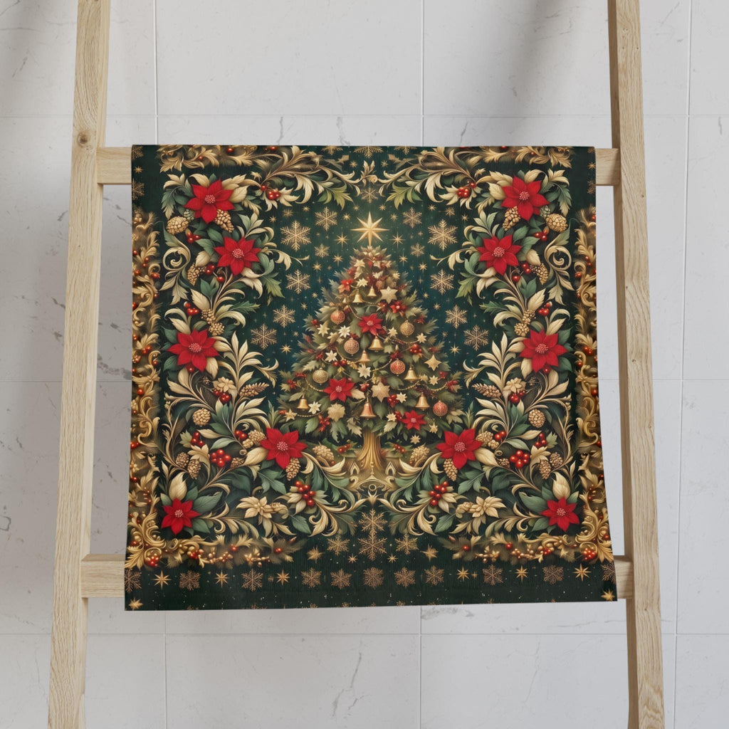 William Morris Christmas Hand Towel: Vintage Style Emerald Green Poinsettia, Golden Snowflake