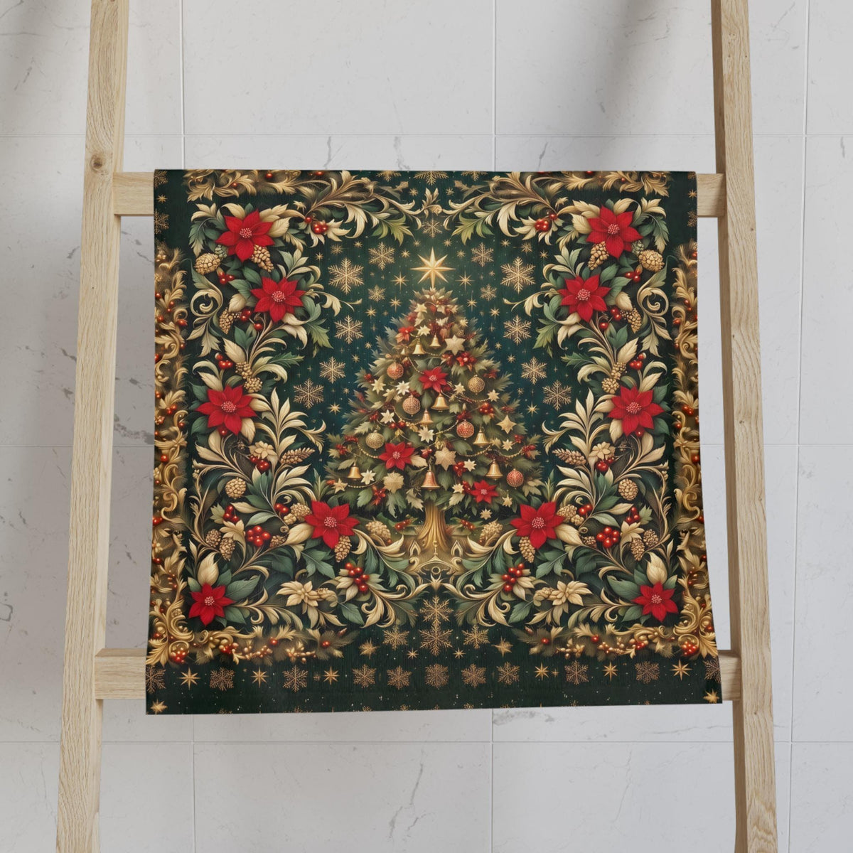 William Morris Christmas Hand Towel: Vintage Style Emerald Green Poinsettia, Golden Snowflake
