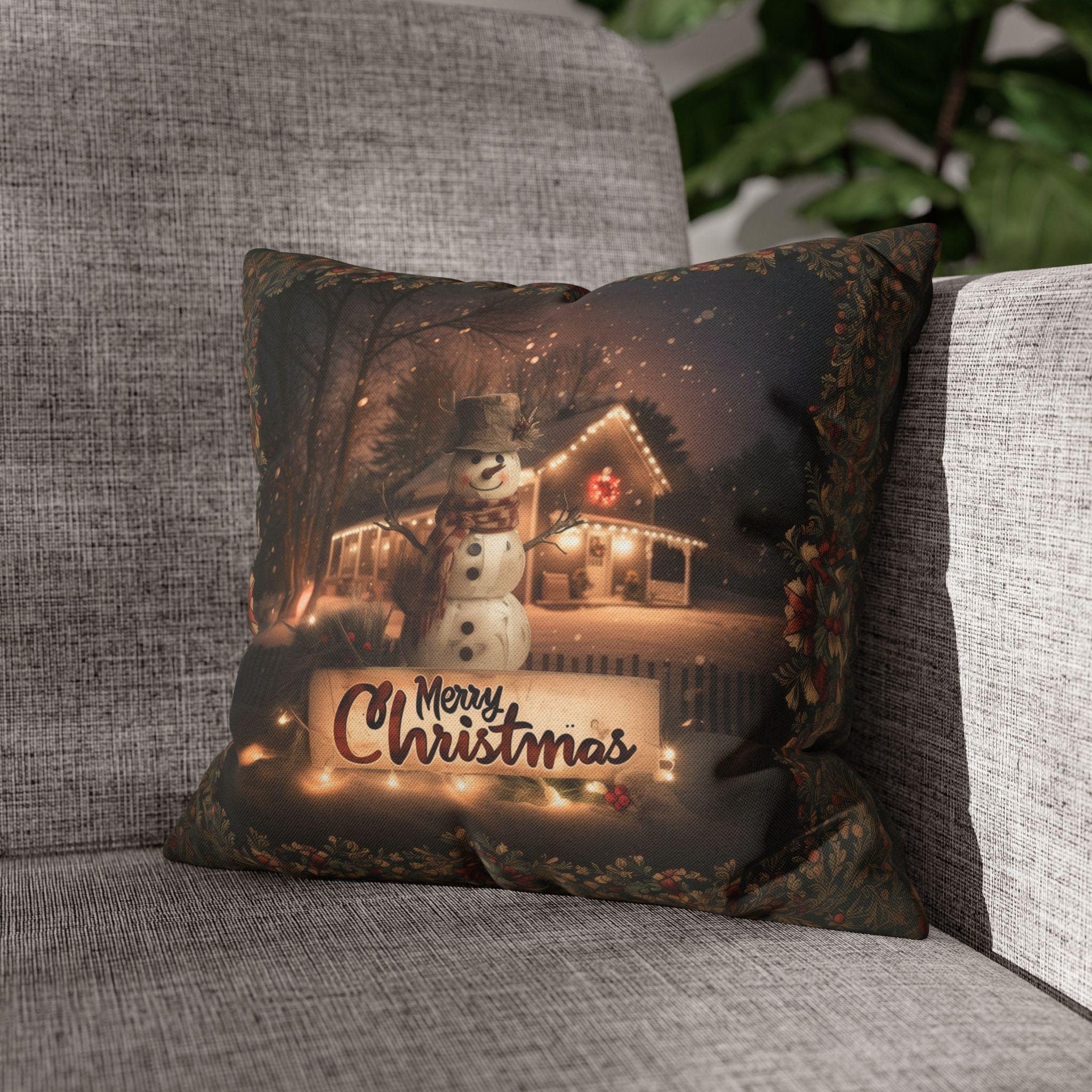 Country Farmhouse Christmas Snowman Pillow Cover with Intricate Botanicals and Vines Border