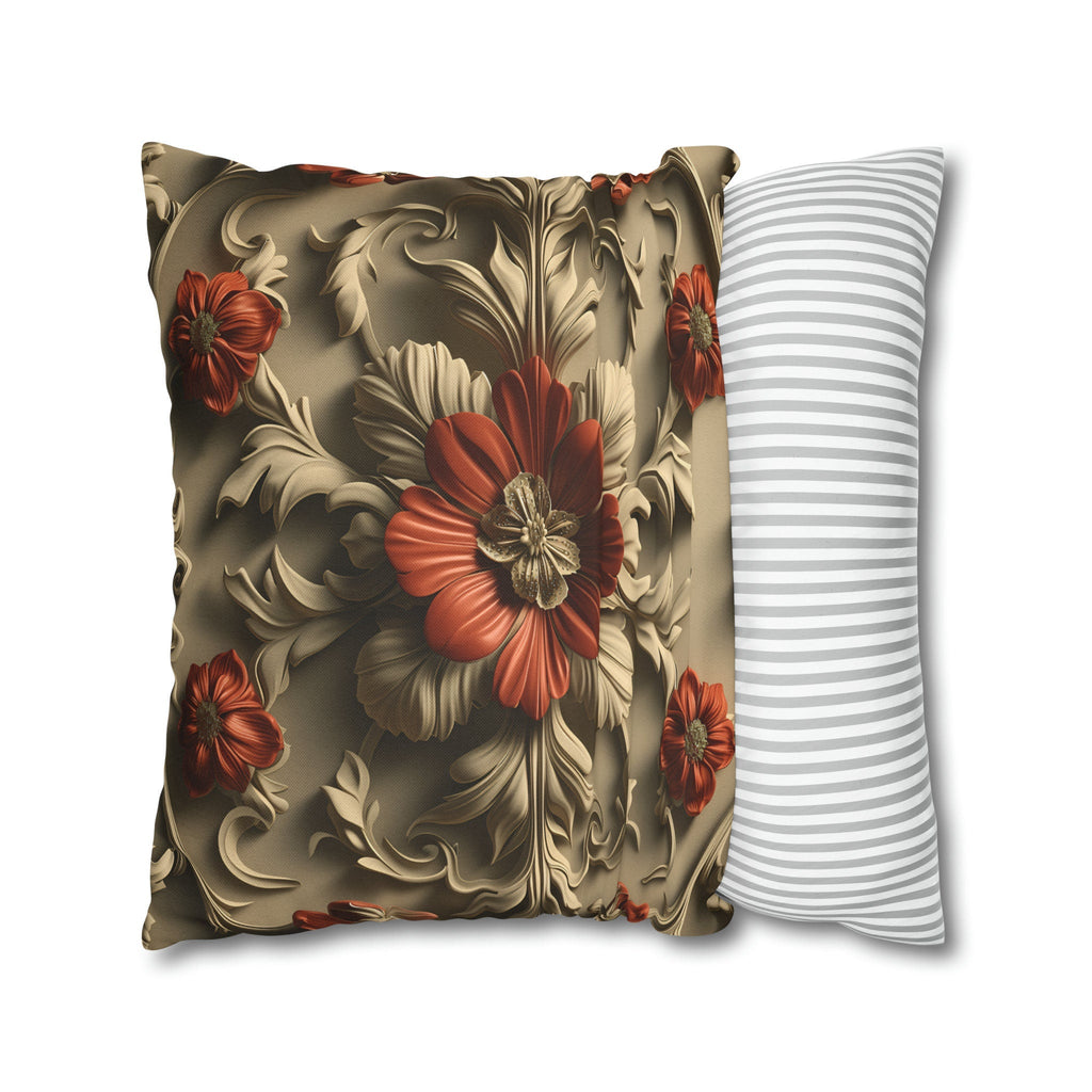 Baroque Style Pillow Cover: Red Flower, Acanthus Leaves, Embossed 3D Effect