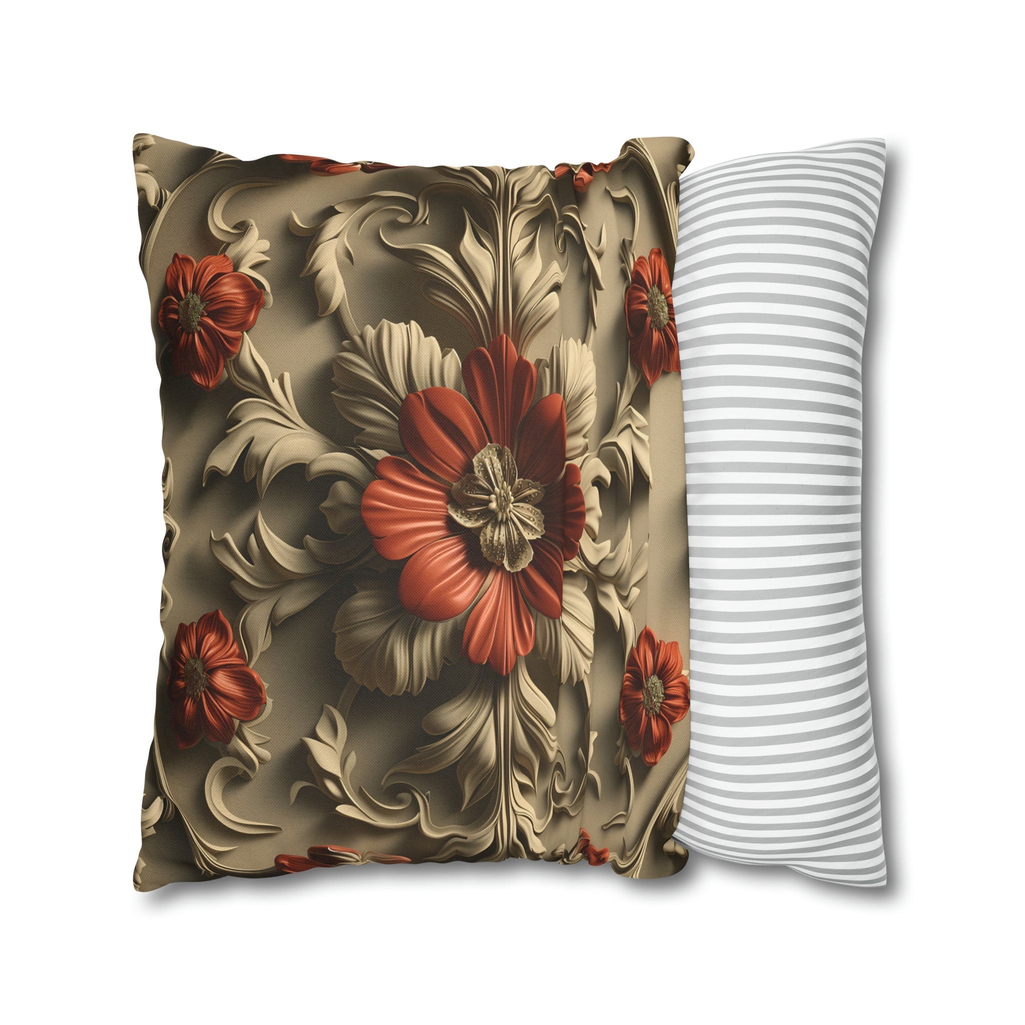 Baroque Style Pillow Cover: Red Flower, Acanthus Leaves, Embossed 3D Effect