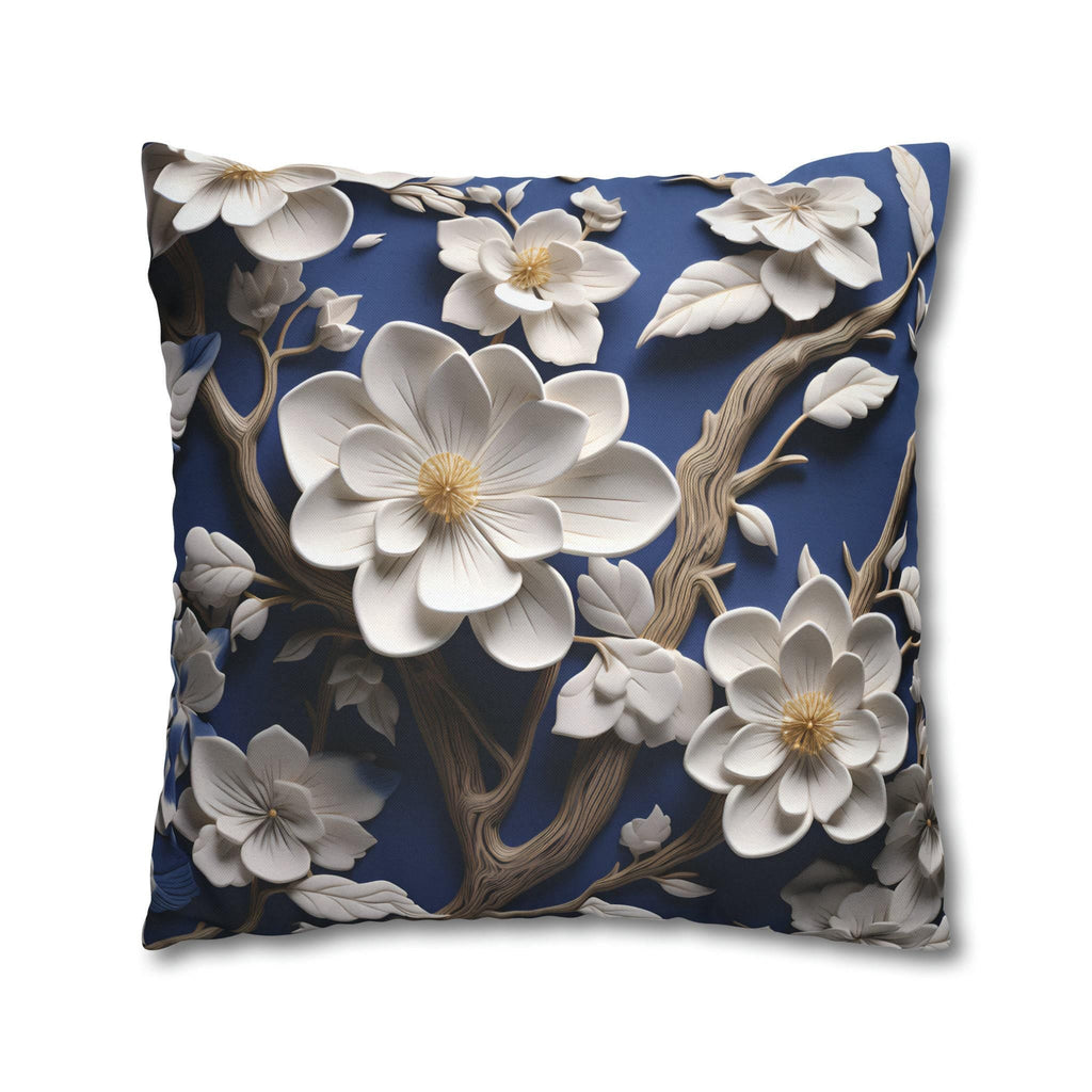 Elegant Chinoiserie White Blossom Pillow Cover | Blue Floral Art | Serene Asian-Inspired Decor