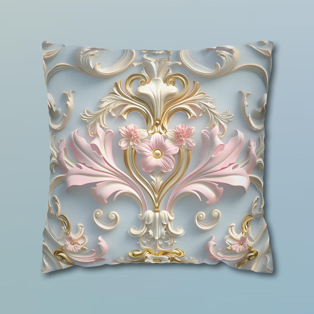 Rococo Pillow Cover: Pink Acanthus, Gold Motif, Blue-Grey Cushion