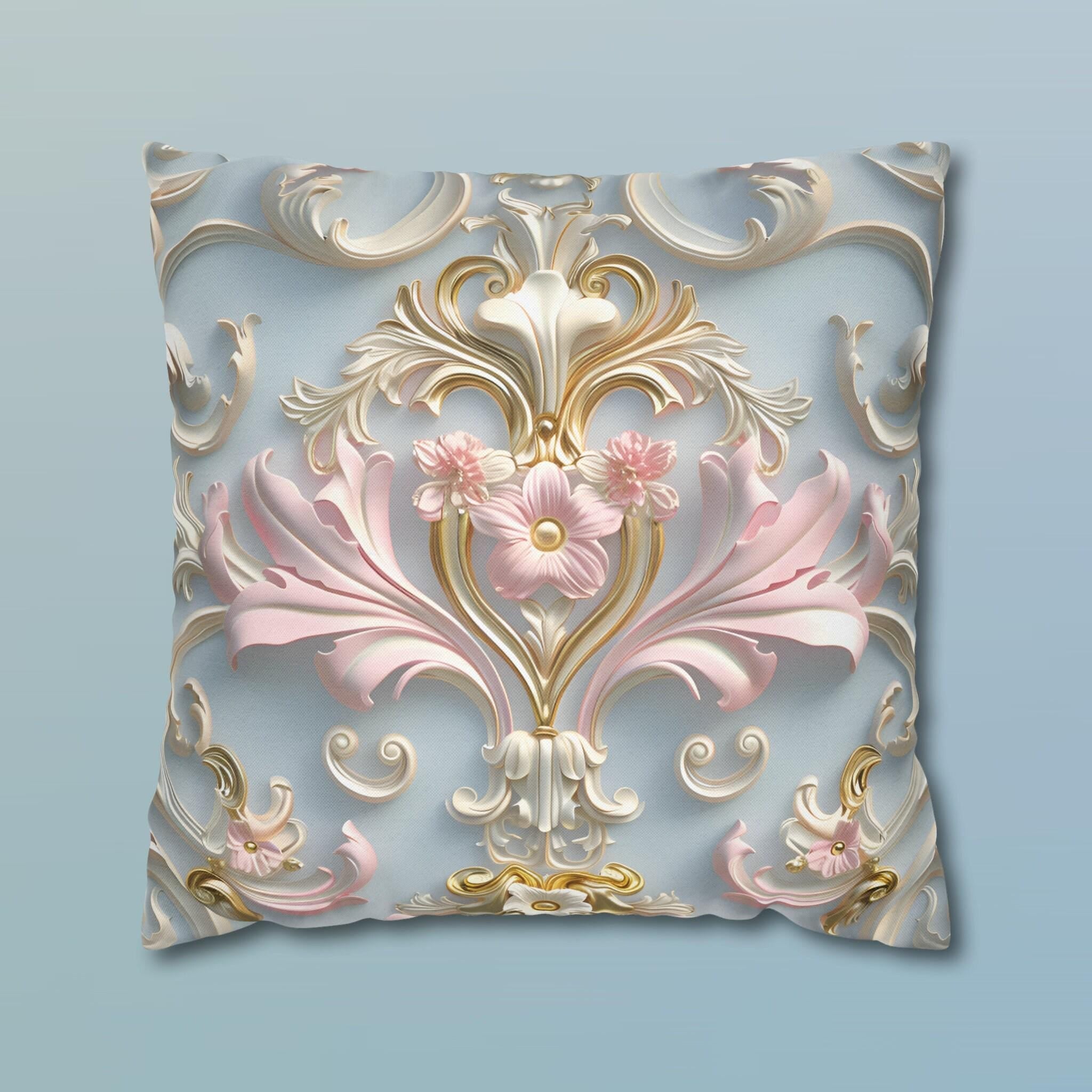 Rococo Pillow Cover: Pink Acanthus, Gold Motif, Blue-Grey Cushion