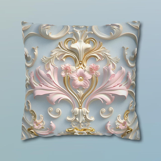 Rococo Pillow Cover: Pink Acanthus, Gold Motif, Blue-Grey Cushion