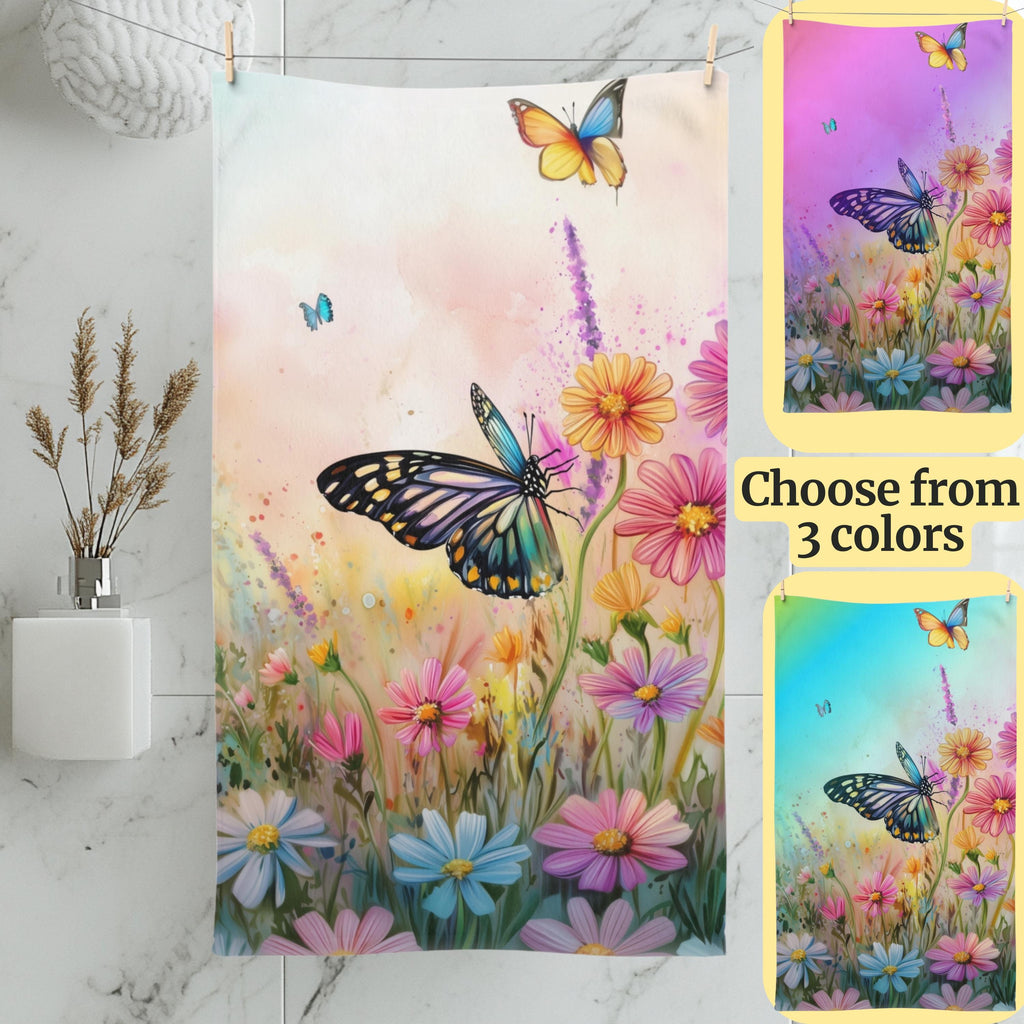 Colorful Butterfly Garden Hand Towel: Floral Design with 3 Background Options