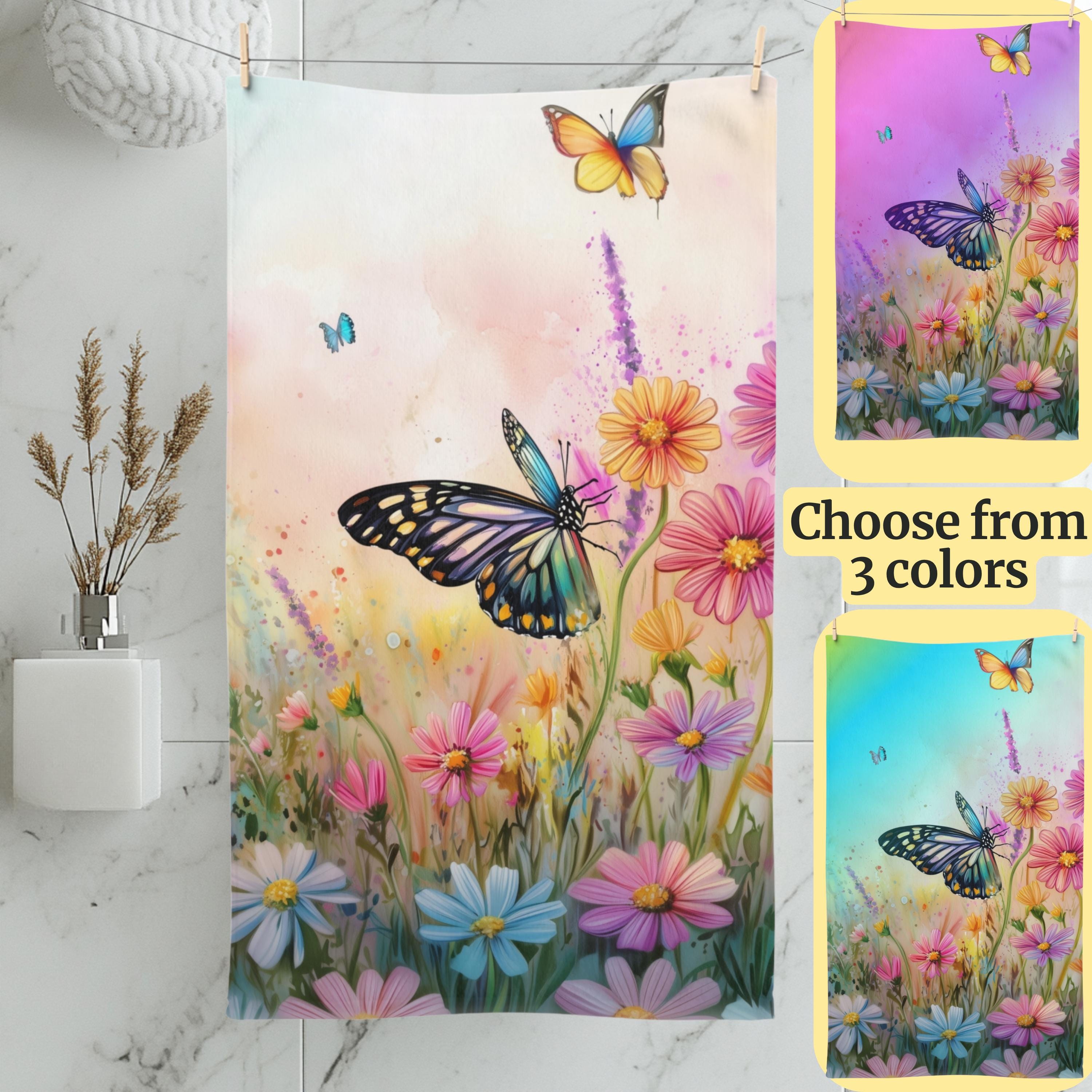Colorful Butterfly Garden Hand Towel: Floral Design with 3 Background Options