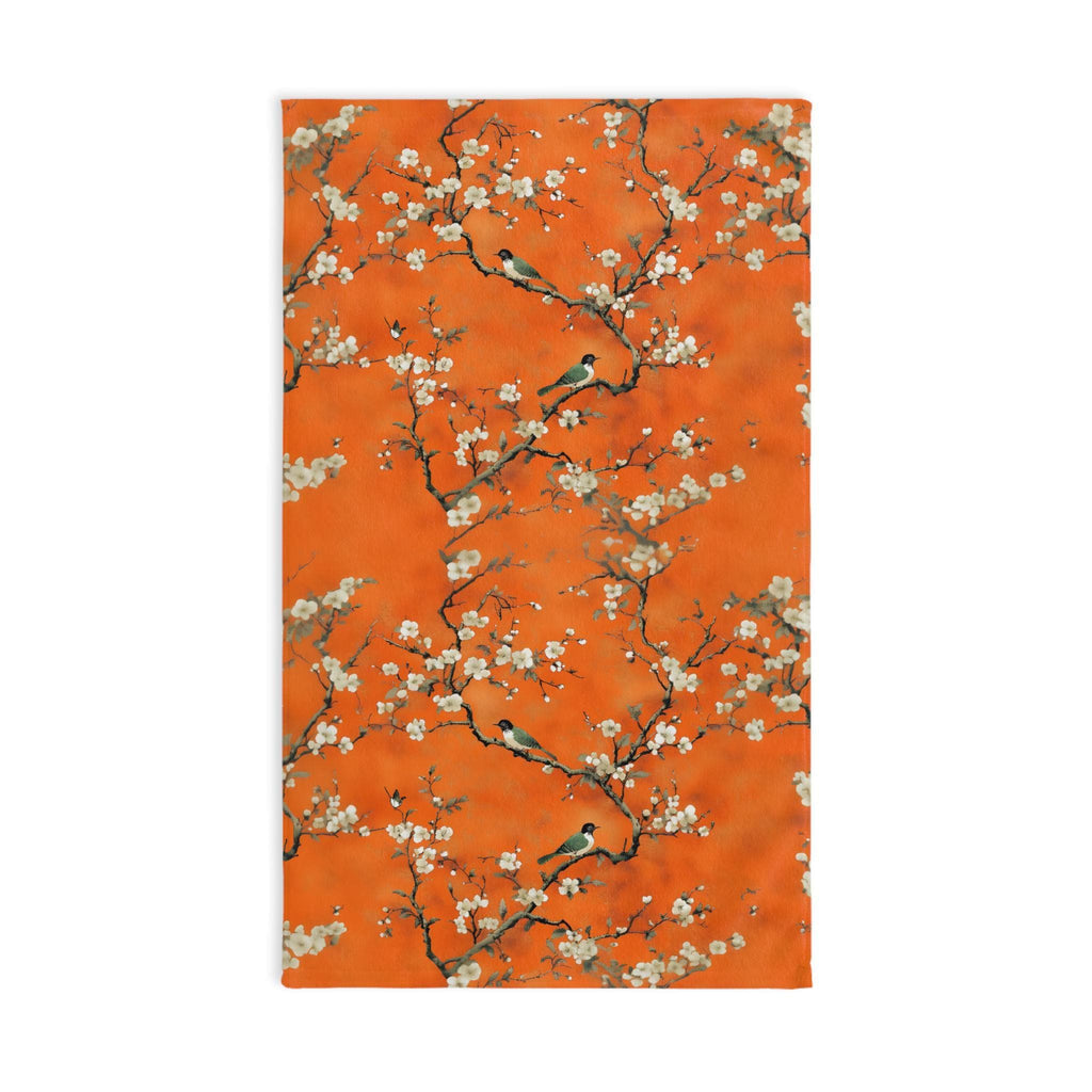 Chinoiserie Hand Towel: Burnt Orange with Blossoms and Birds for Asian-Inspired Decor
