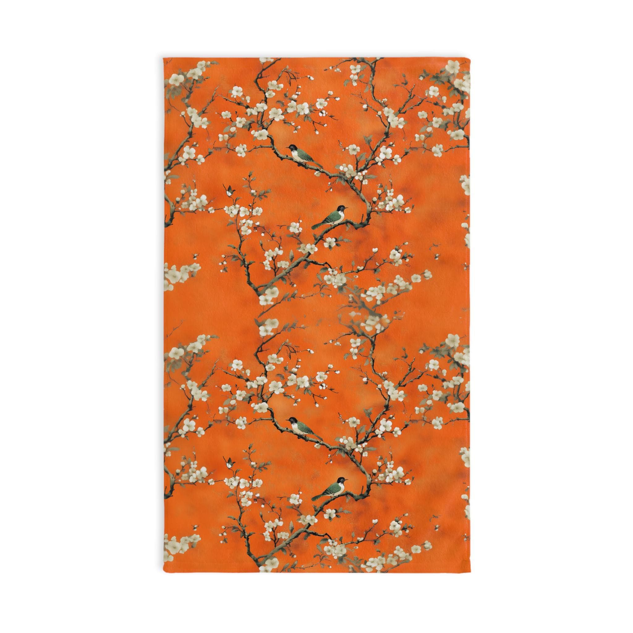 Chinoiserie Hand Towel: Burnt Orange with Blossoms and Birds for Asian-Inspired Decor