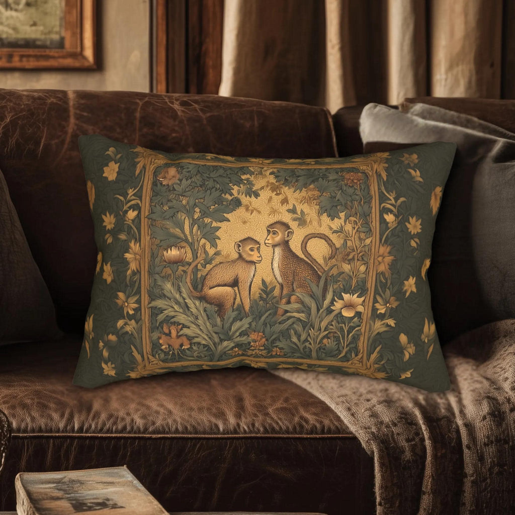 William Morris Style Lumbar Pillow:  Monkey Jungle Botanical Design