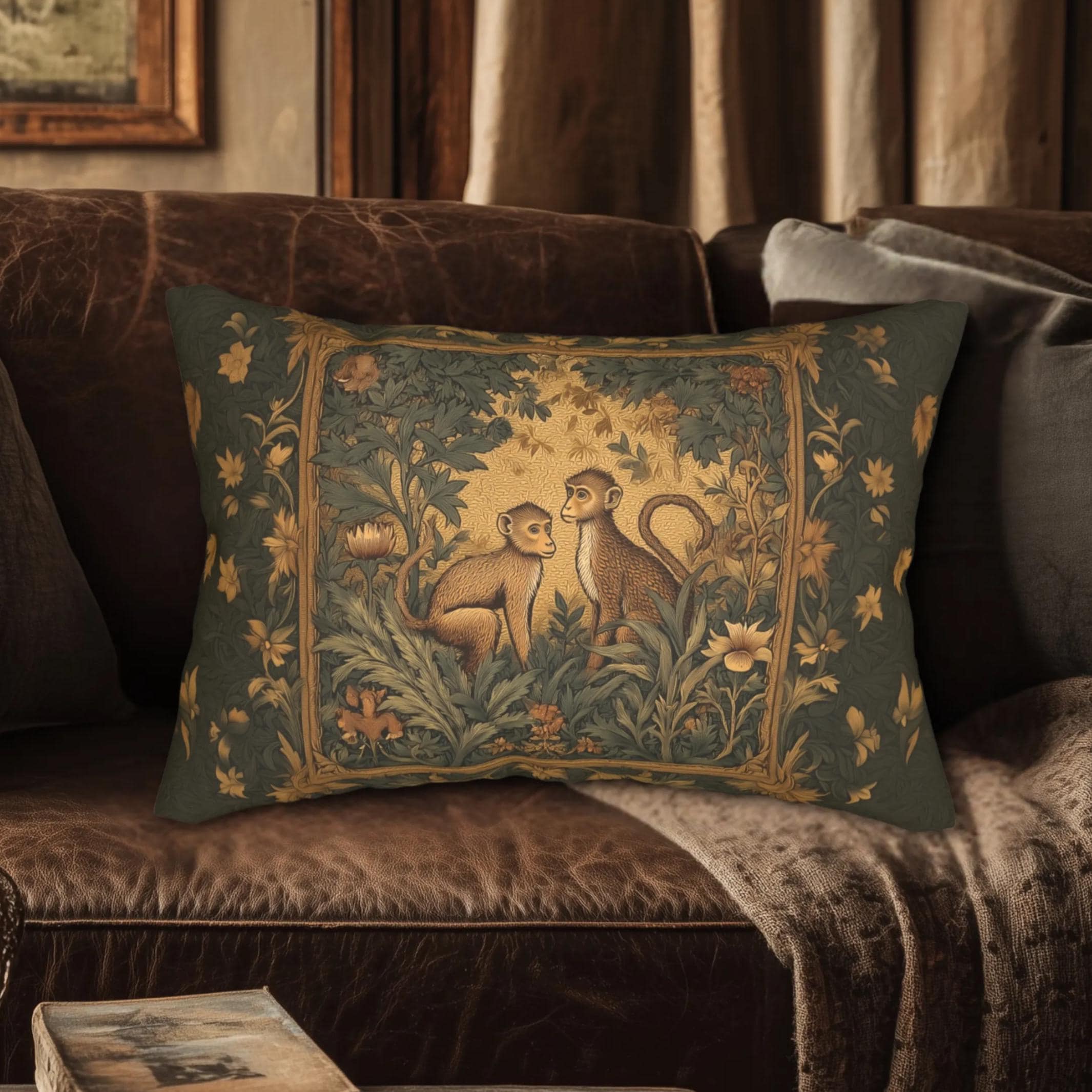 William Morris Style Lumbar Pillow:  Monkey Jungle Botanical Design
