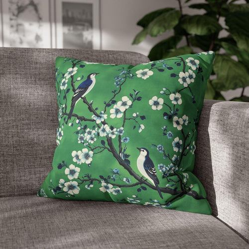 Chinoiserie Bird Floral Pillow Cover: Elegant Green & Blue Botanical Cushion Case for Vintage Decor