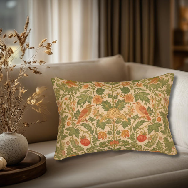 William Morris Strawberry Thief Inspired Lumbar Pillow: Sage, Terracotta, Cream Pillow