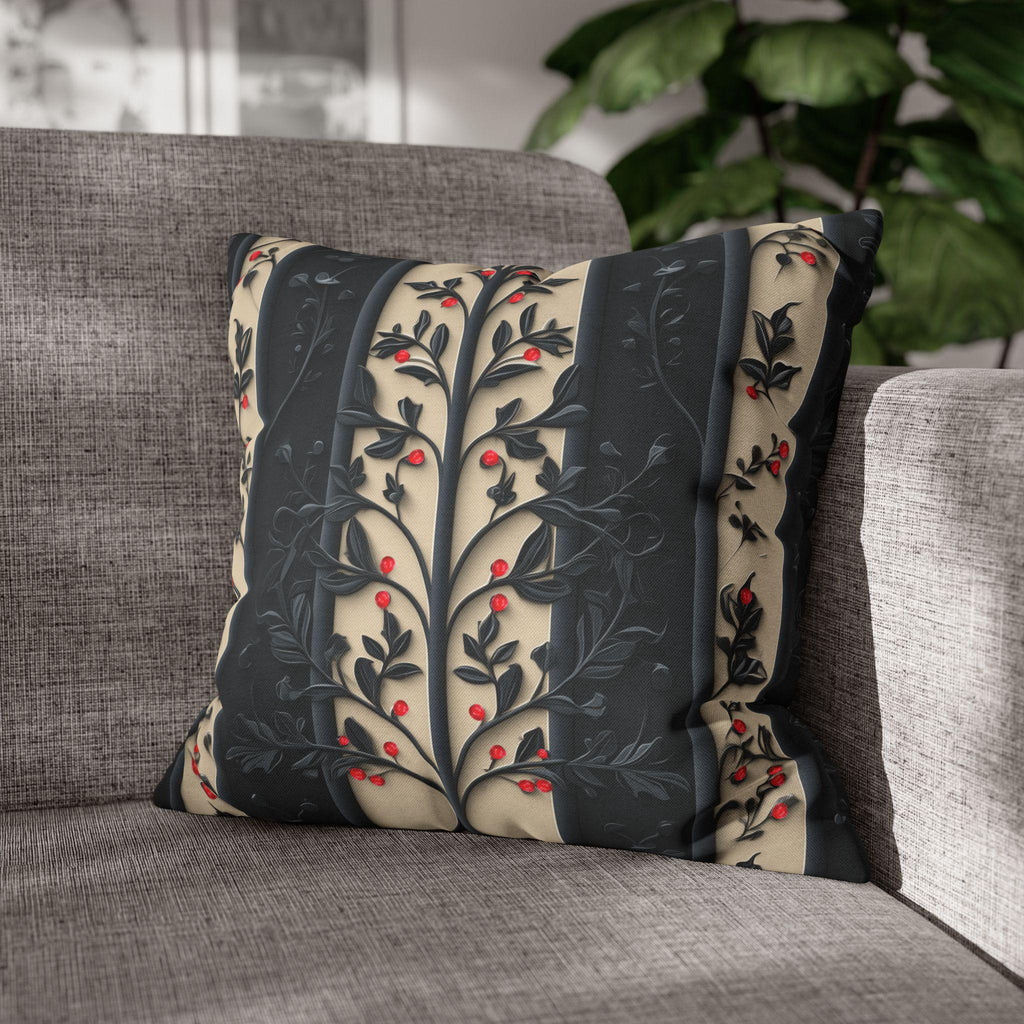 William Morris Christmas Pillow Cover: Charcoal-Navy & Ivory Stripes with Red Berries