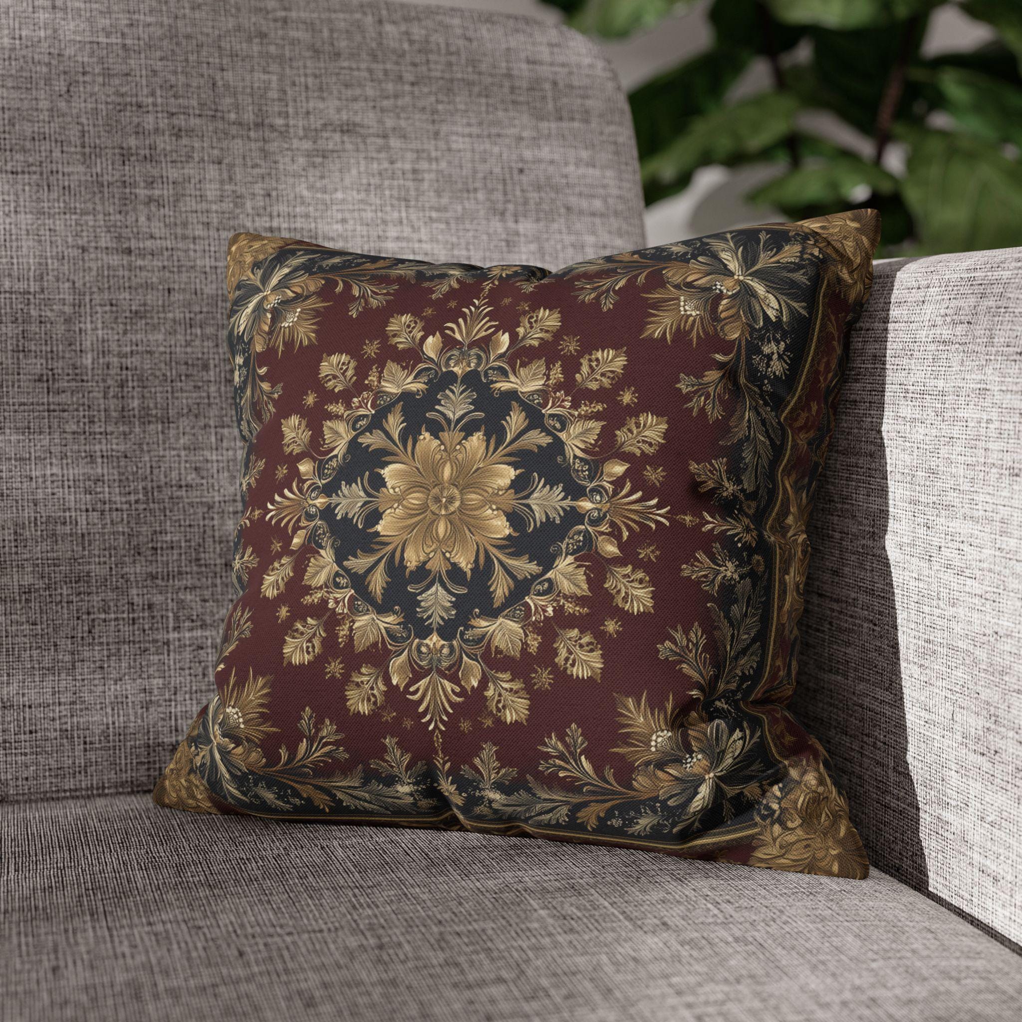 Vintage Inspired Pillow Cover: Gold Floral Burgundy Cushion