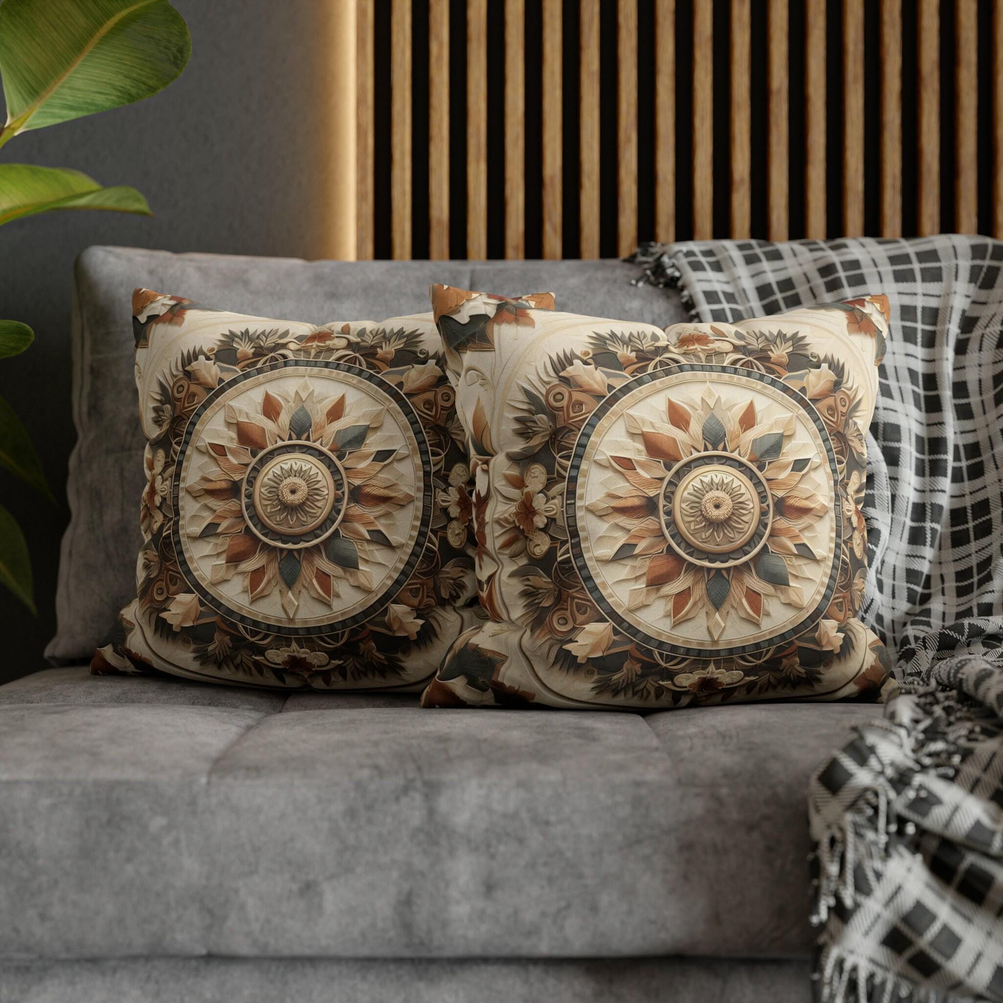 Boho Geometric Floral Pillow Cover: Earth Tone Cushion for Rustic Fall Home Decor