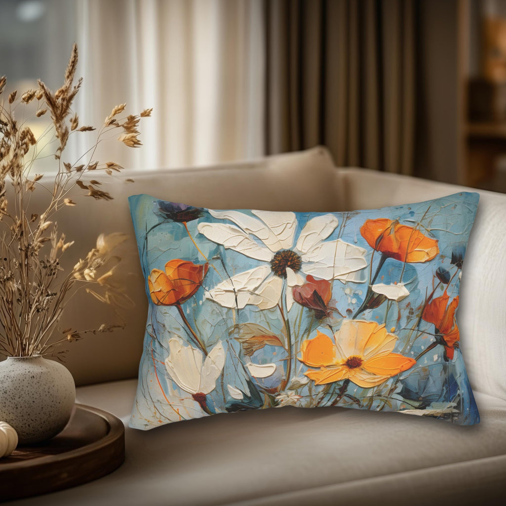 Vintage Style Floral Lumbar Pillow: Blue Wildflower Oil Painting Style