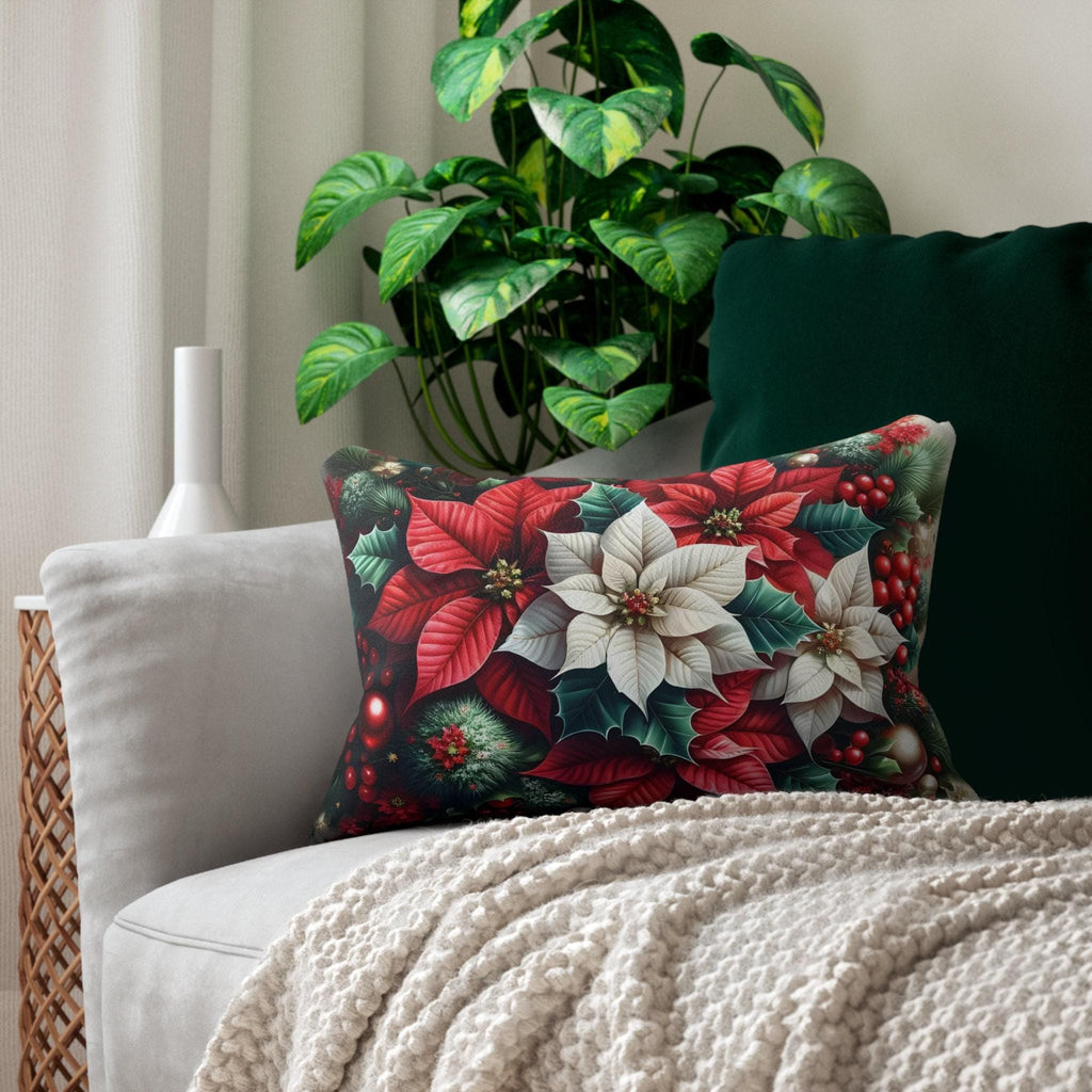 Poinsettia Christmas Lumbar Pillow Cover Red White Holiday Floral Accent in Festive Winter Style