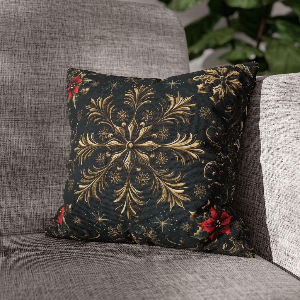 Victorian Christmas Throw Pillow Cover: Gold and Navy Snowflake & Poinsettia Holiday Accent Decor