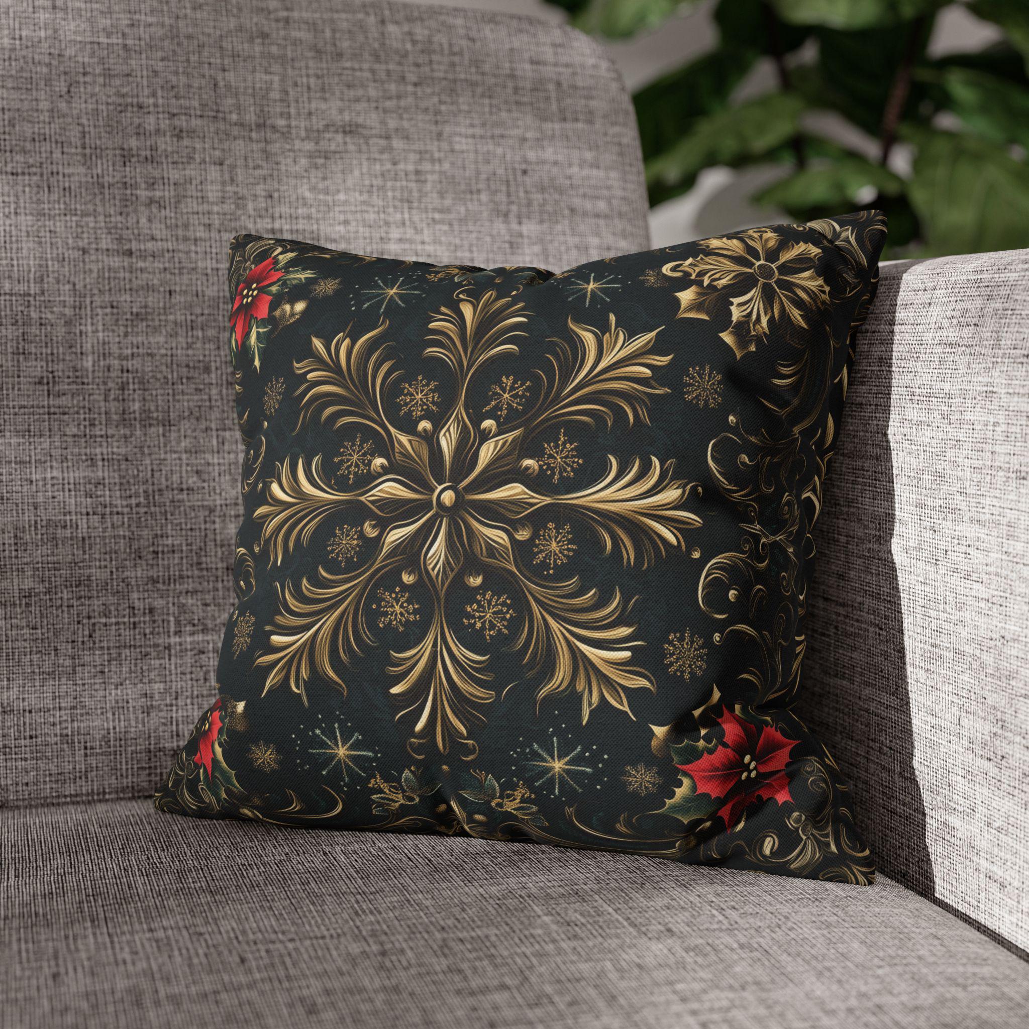 Victorian Christmas Throw Pillow Cover: Gold and Navy Snowflake & Poinsettia Holiday Accent Decor