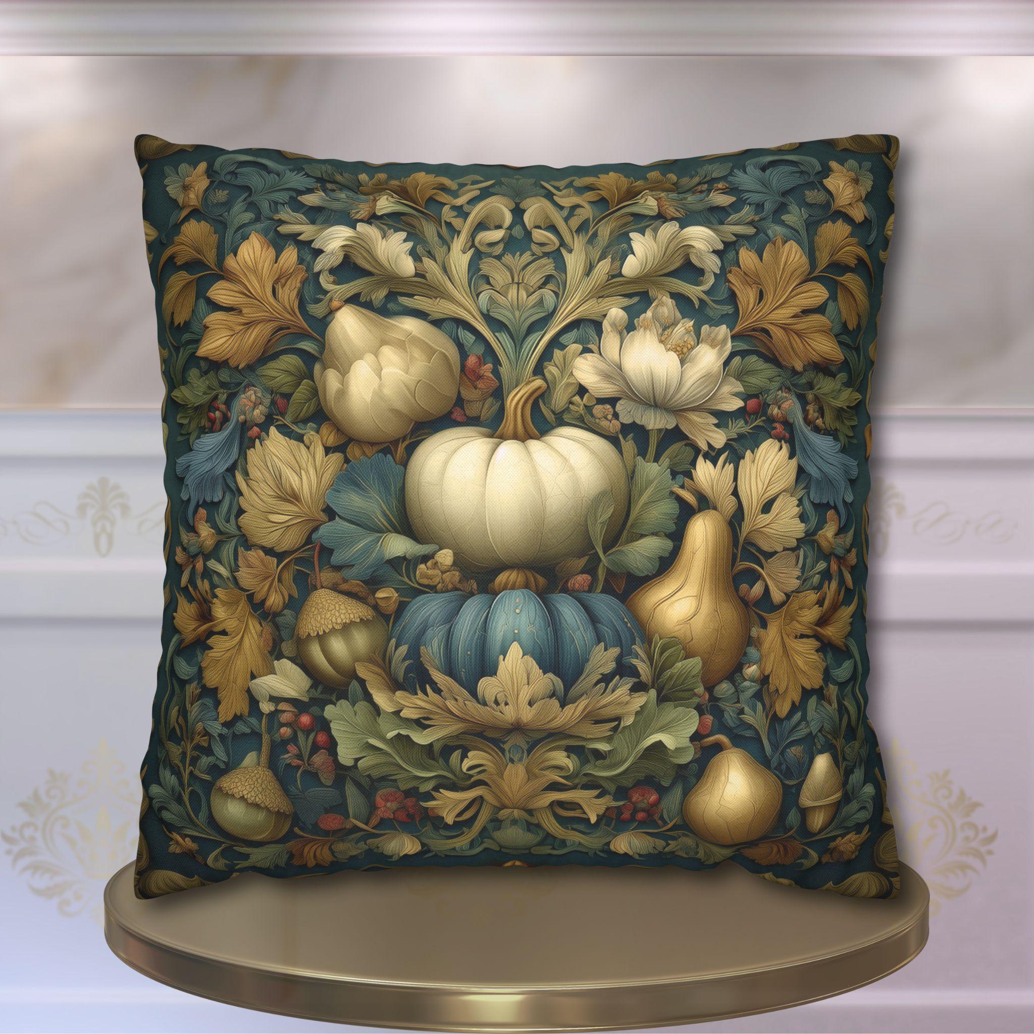 William Morris Inspired Autumn Pillow Cover: Teal, Gold, and Ivory Harvest Design