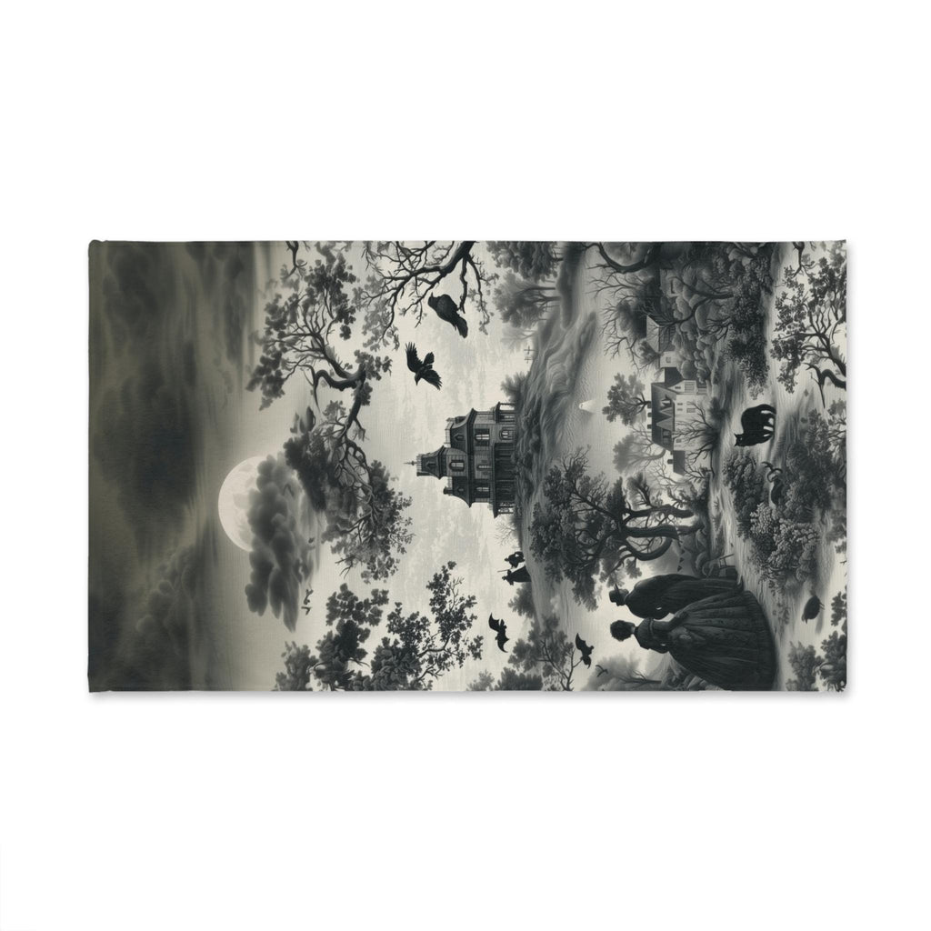 Halloween Toile Hand Towel: Haunted House, Crows and Black Cat in Monochrome