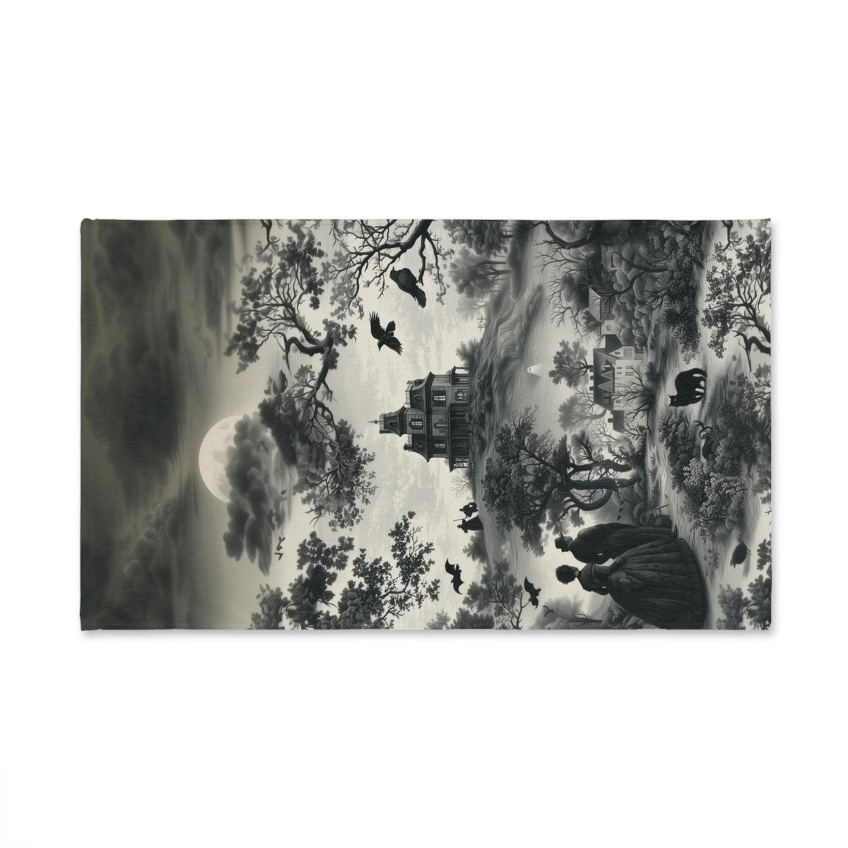 Halloween Toile Hand Towel: Haunted House, Crows and Black Cat in Monochrome