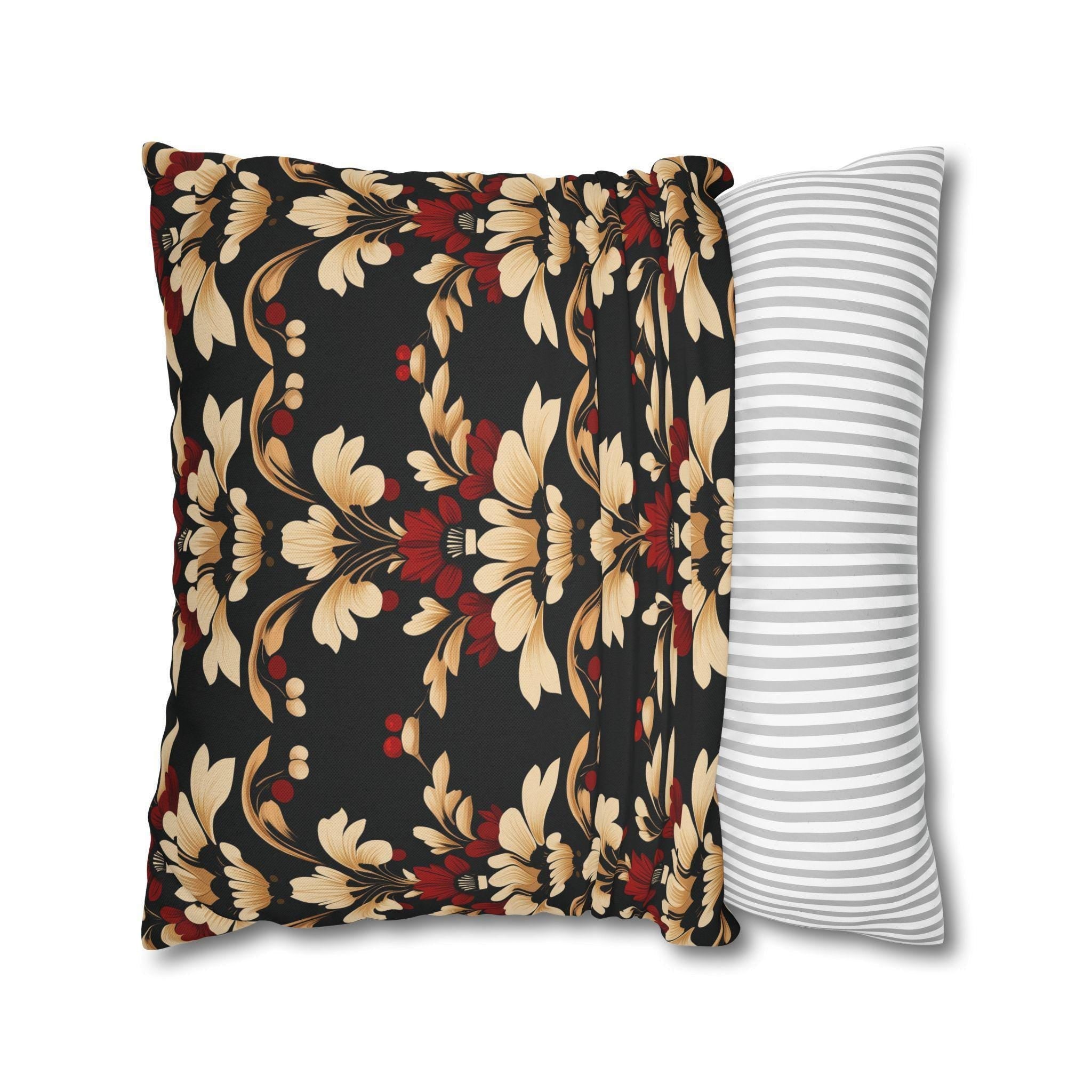 Vintage Style Floral Art Deco Throw Pillow Cover, Cream Red Gold