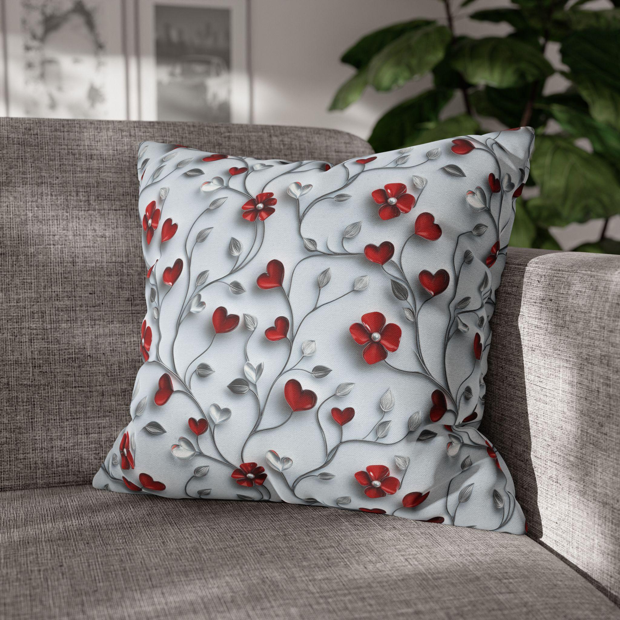 Red Floral Heart Pillow Cover: Romantic Silver Vine Design