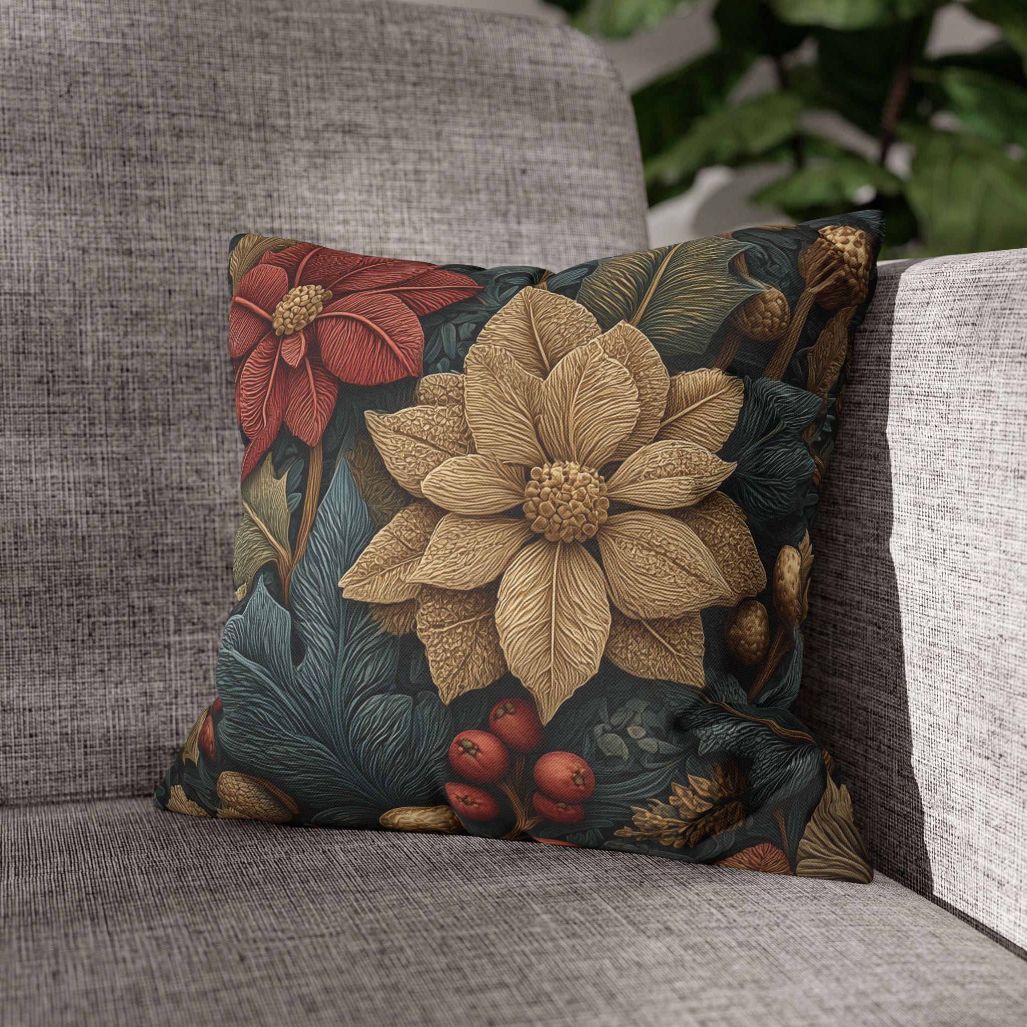 William Morris Christmas Pillow Cover: Wine and Taupe for n Gray Poinsettia Woodland Illustration