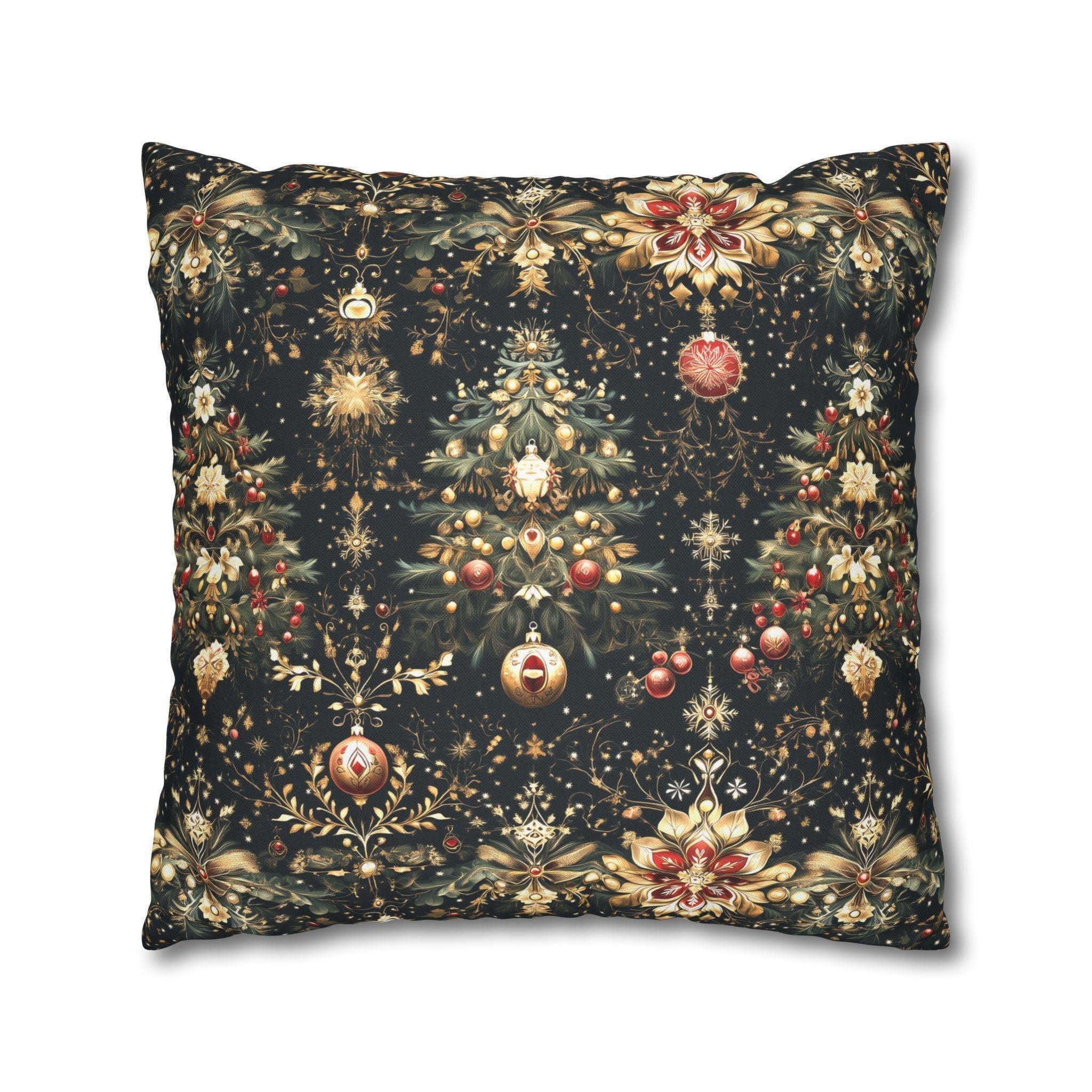 Christmas Tree Pillow Cover: Luxe Gold Red & Green on Deep Charcoal Holiday Decor