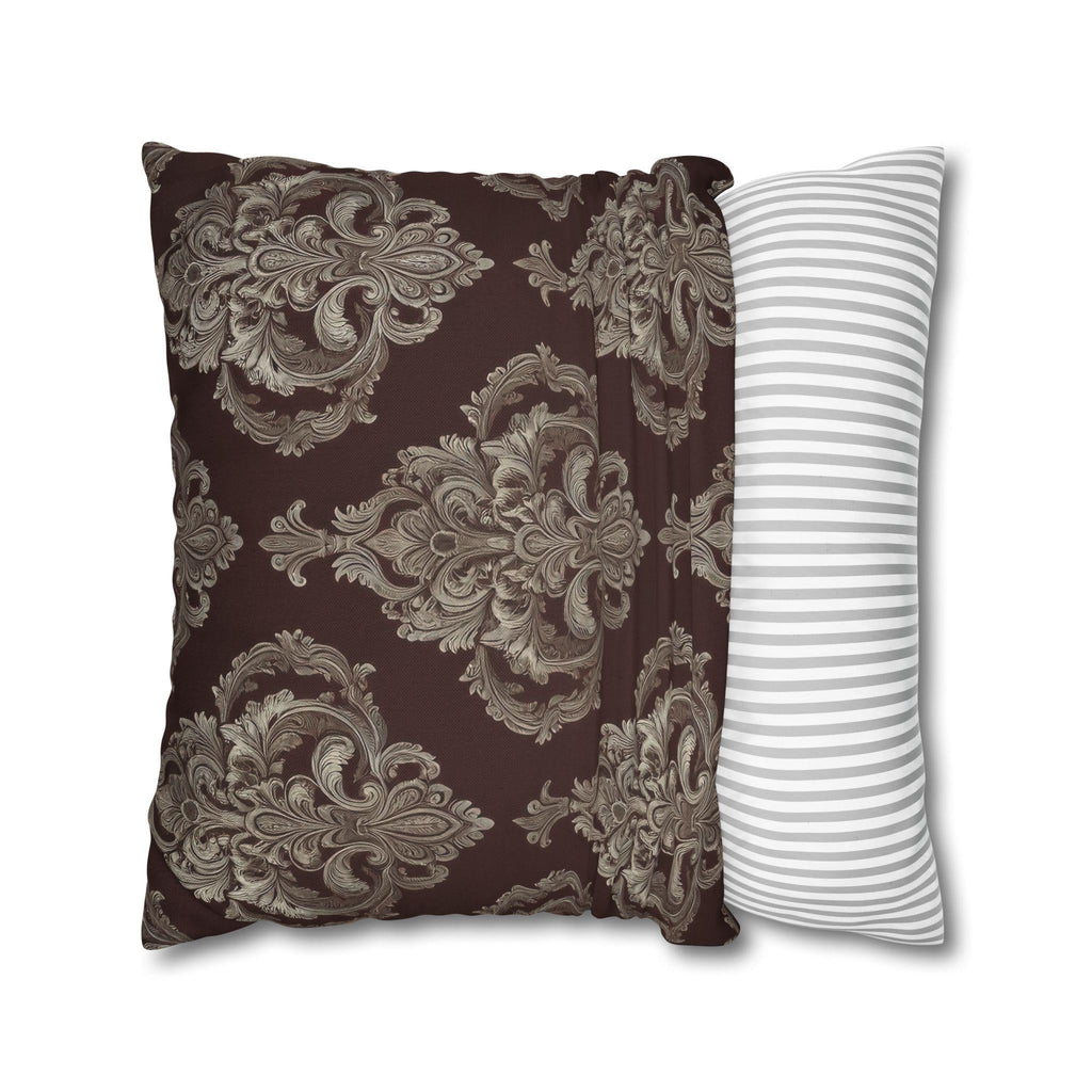 Elegant Damask Square Pillowcase: Taupe & Gray Motifs on Chocolate Brown, Sophisticated Home Decor