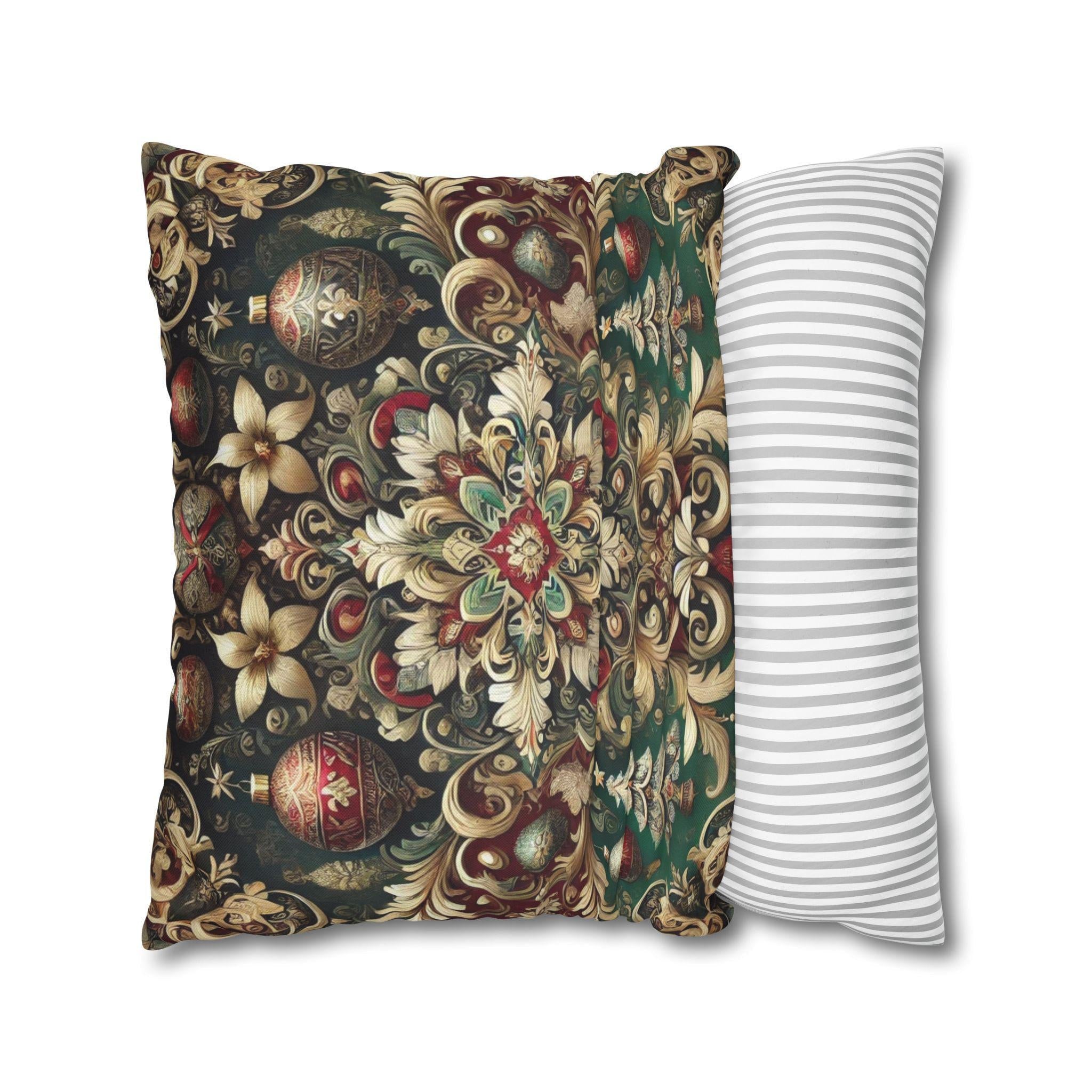 Baroque Christmas Square Pillow Cover, Gold Red Green Ornaments, Vintage Style Luxury Design Pillowcase