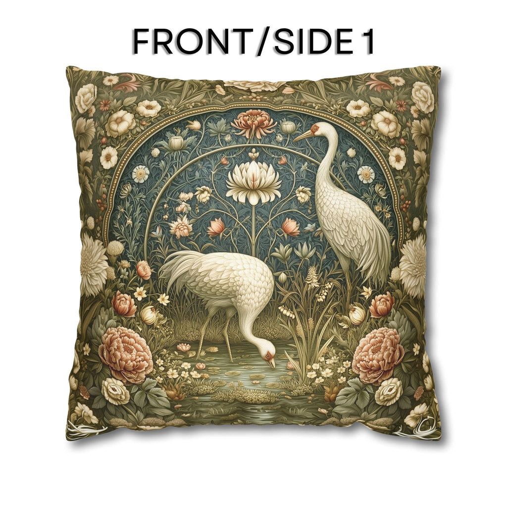 William Morris Style Throw Pillow Cover: Cranes and Marsh Botanicals