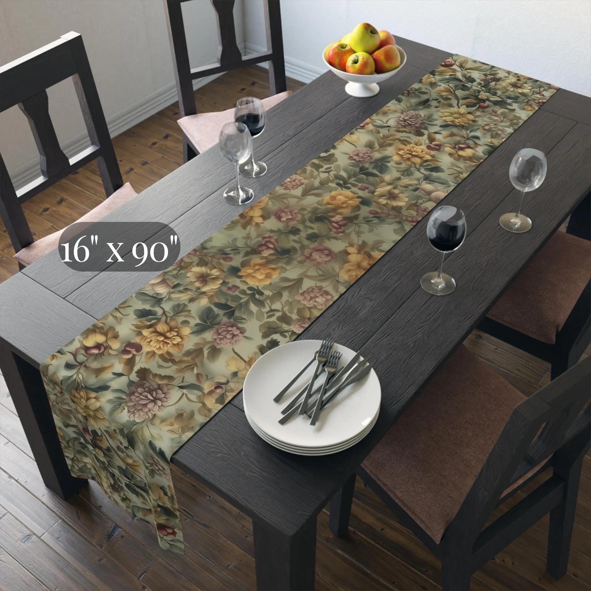 William Morris Inspired Botanical Table Runner: Sage, Wine & Wheat Hue