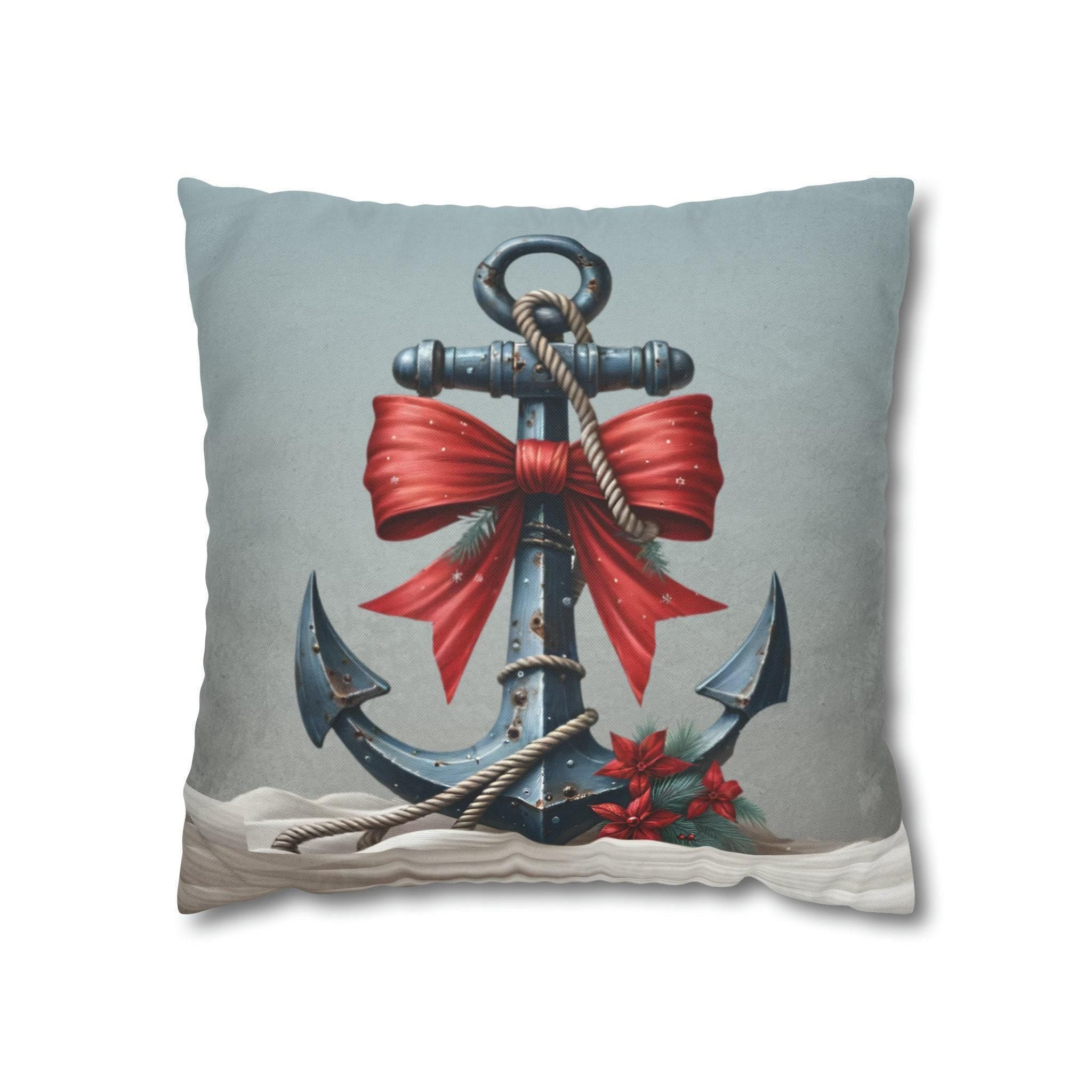 Rustic Ship's Anchor Christmas Pillow Cover: Nautical Holiday Decor