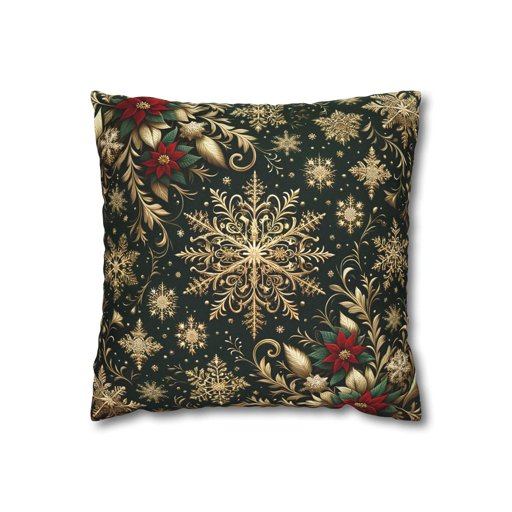 Poinsettia Christmas Holiday Throw Pillow Cover: Golden Snowflakes and Emerald Elegance Decorative Case