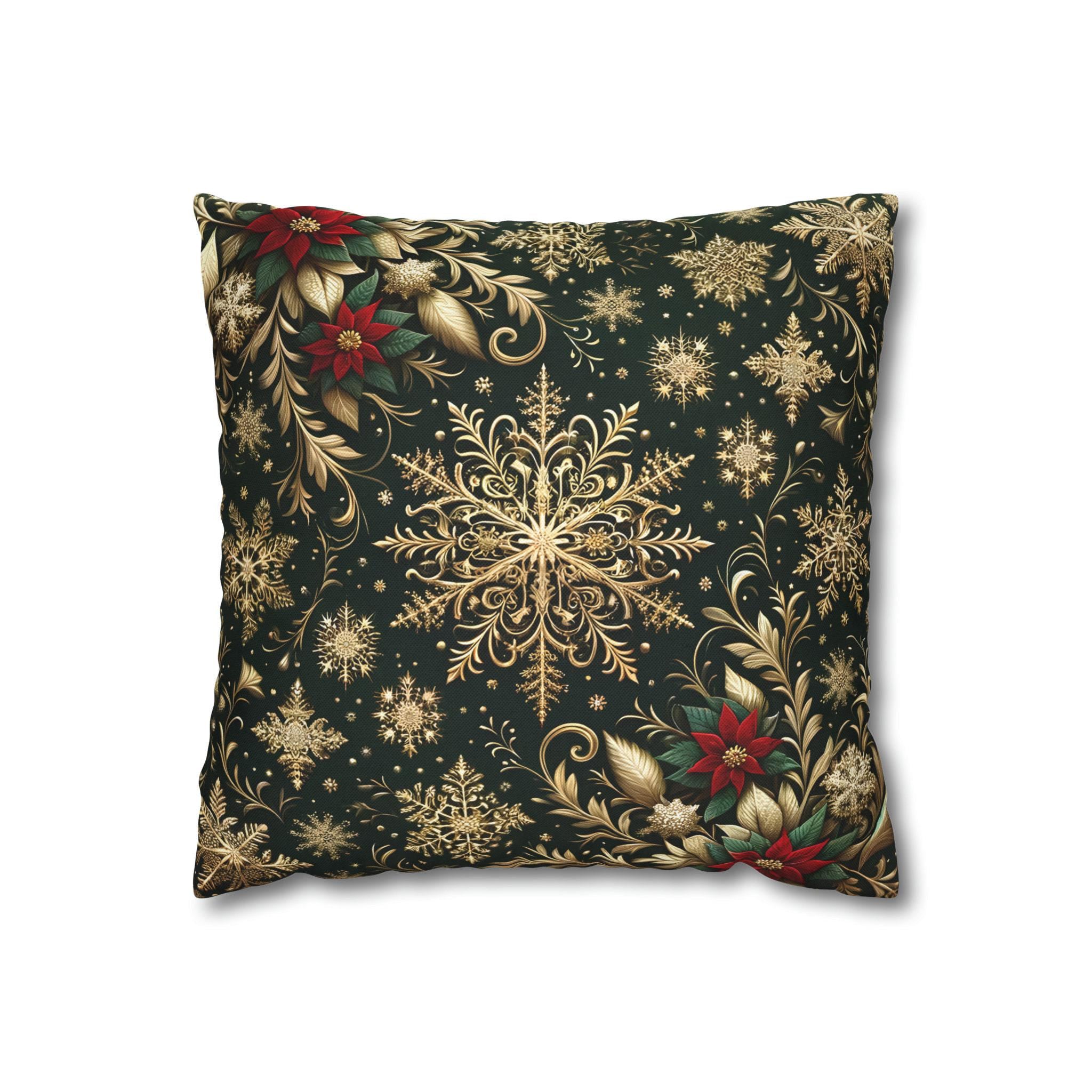 Poinsettia Christmas Holiday Throw Pillow Cover: Golden Snowflakes and Emerald Elegance Decorative Case