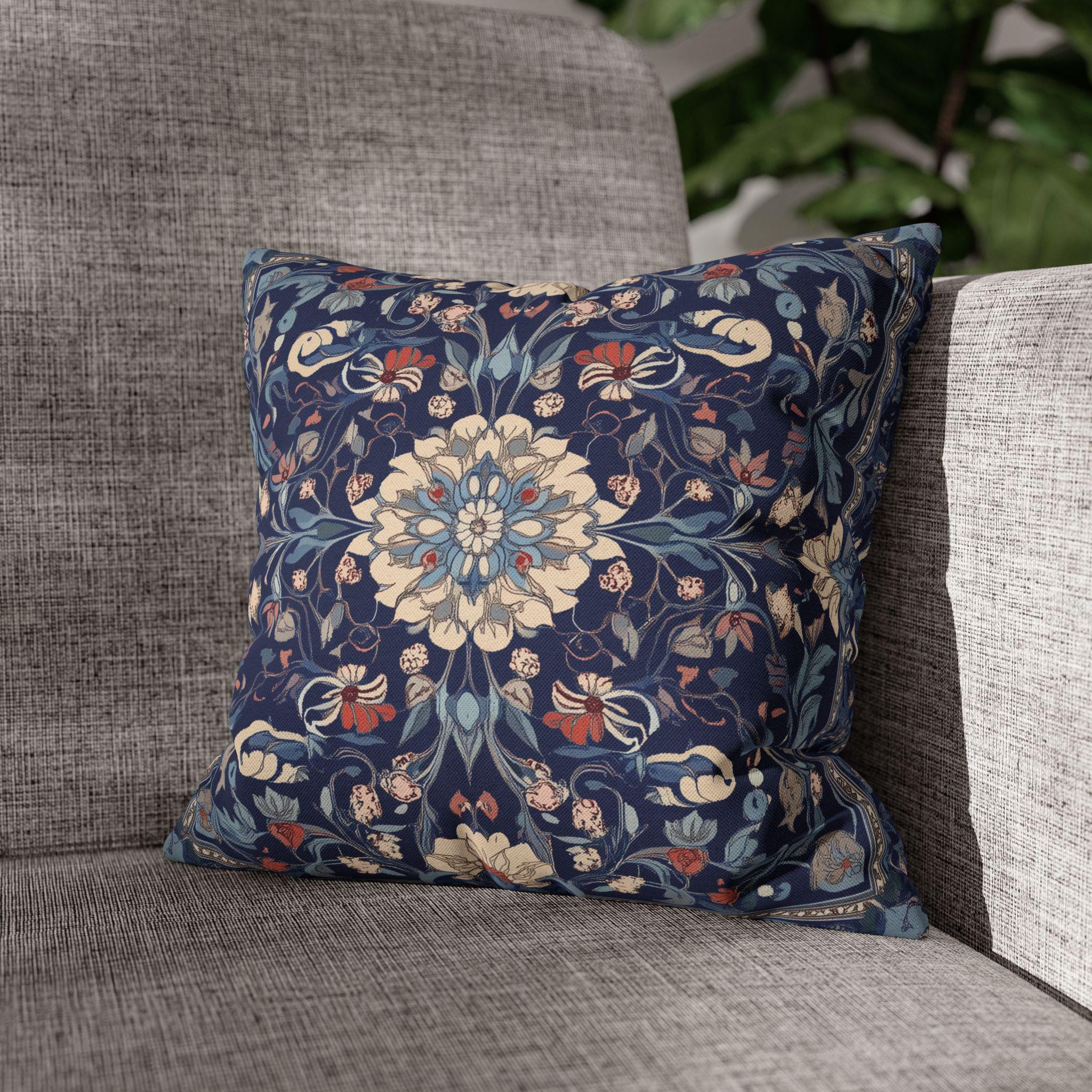 Elegant Navy Blue Floral Medallion Pillowcase: William Morris Inspired Persian Tribal Motifs Decorative Cover