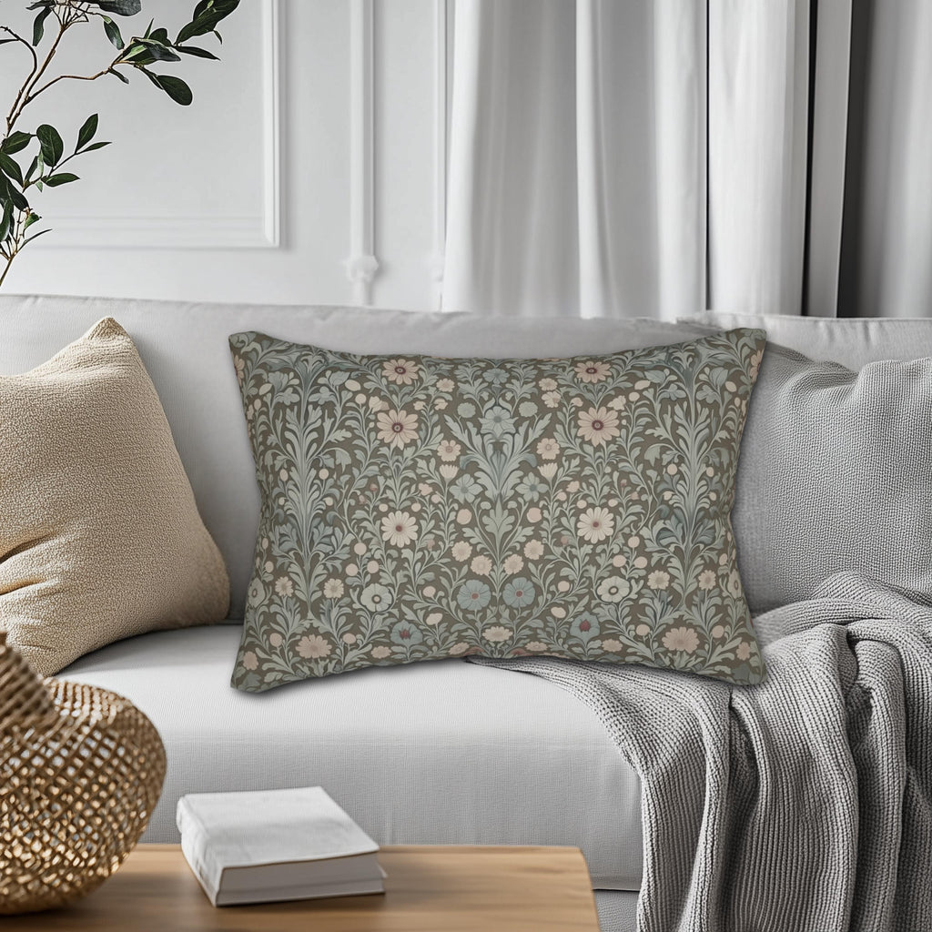 William Morris Inspired Botanical Lumbar Pillow: Soft Gray-Sage, Taupe, Blush Accent