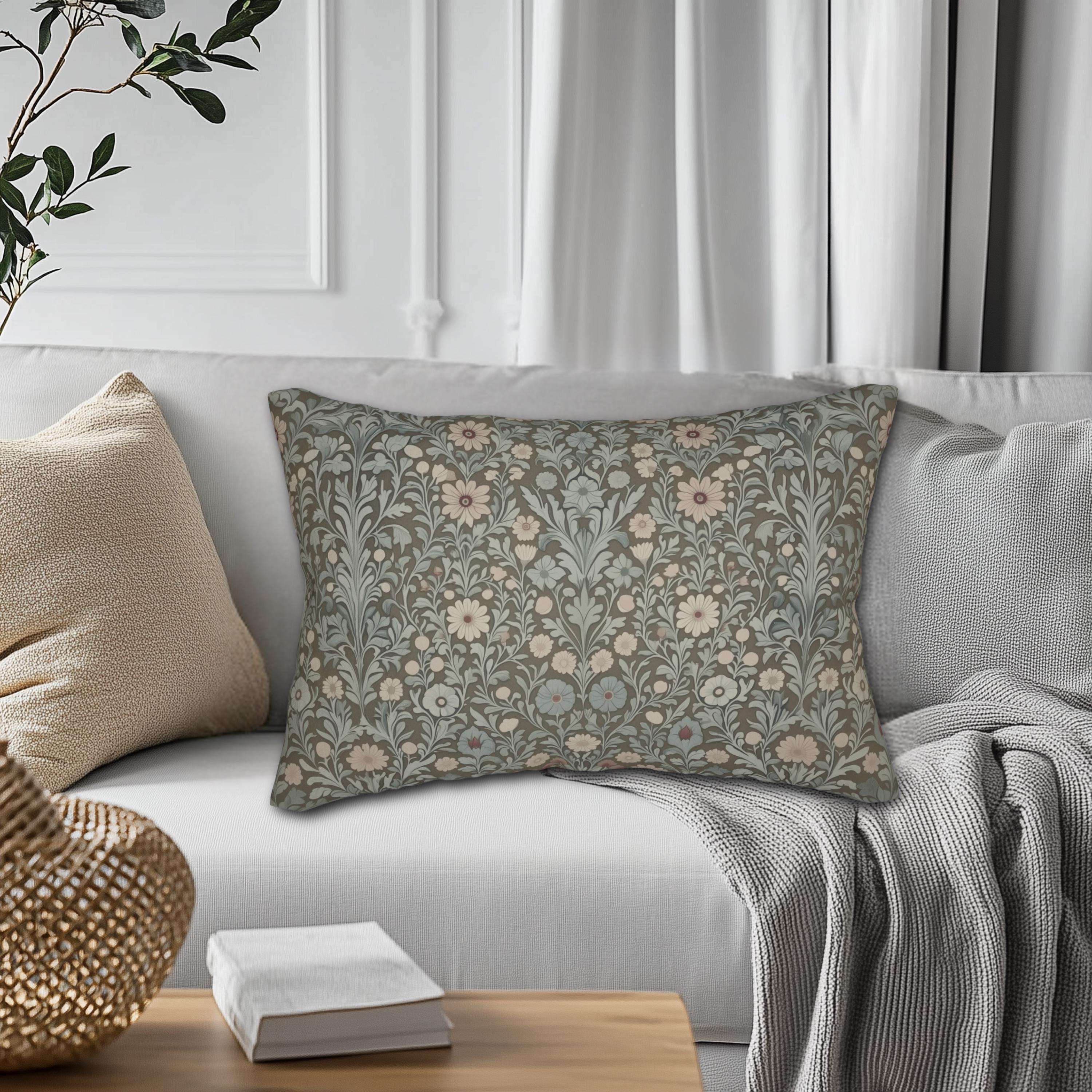 William Morris Inspired Botanical Lumbar Pillow: Soft Gray-Sage, Taupe, Blush Accent