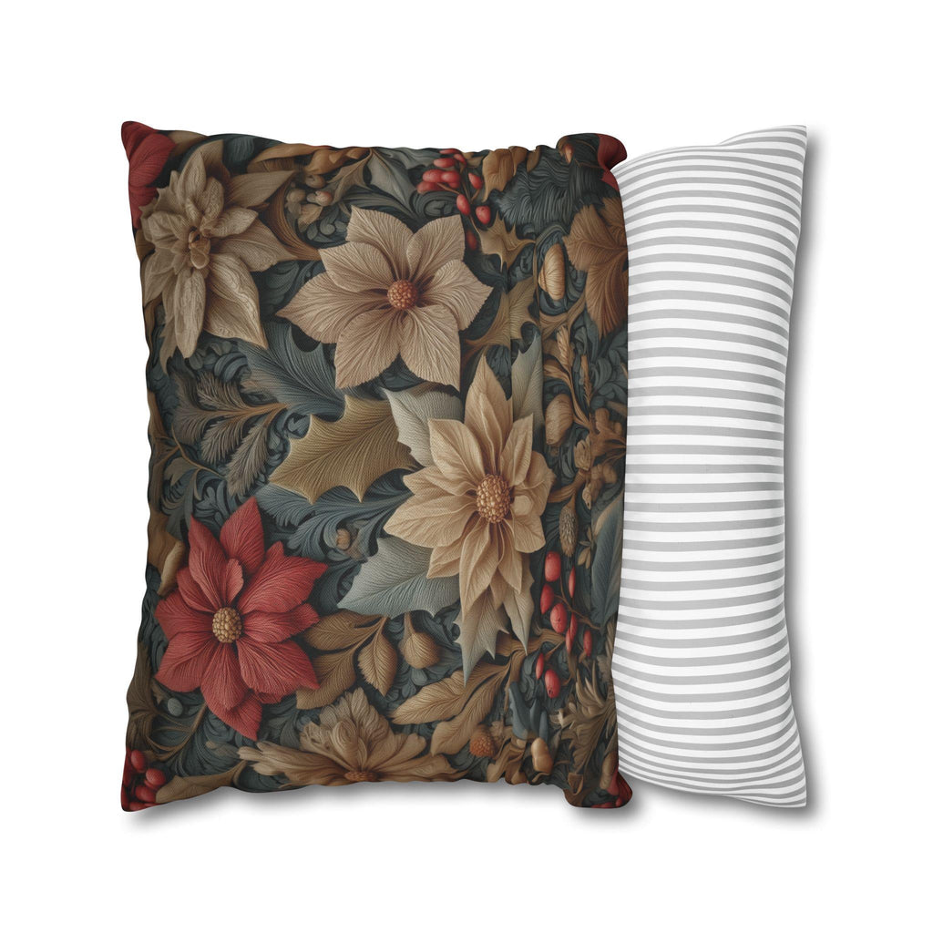 William Morris Christmas Pillow Cover: Wine & Pale Taupe Poinsettias with Clay on Gray Background