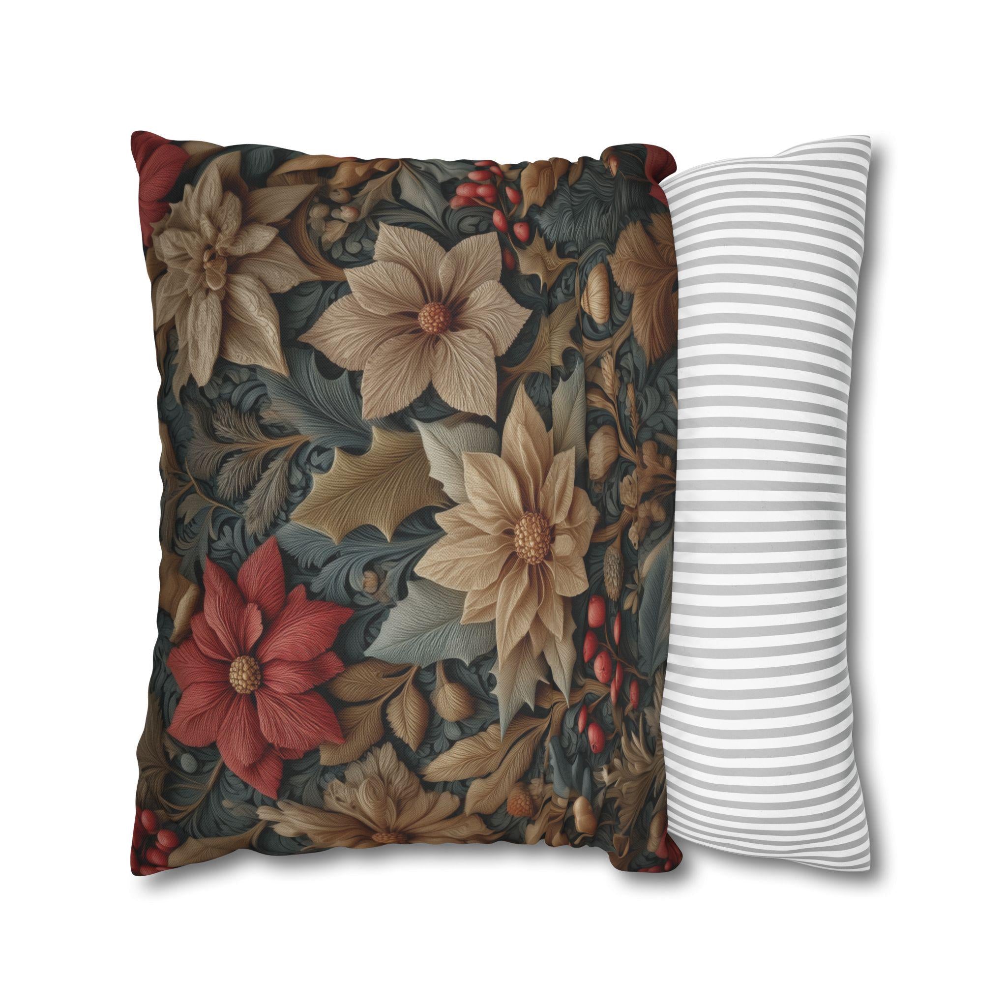 William Morris Christmas Pillow Cover: Wine & Pale Taupe Poinsettias with Clay on Gray Background