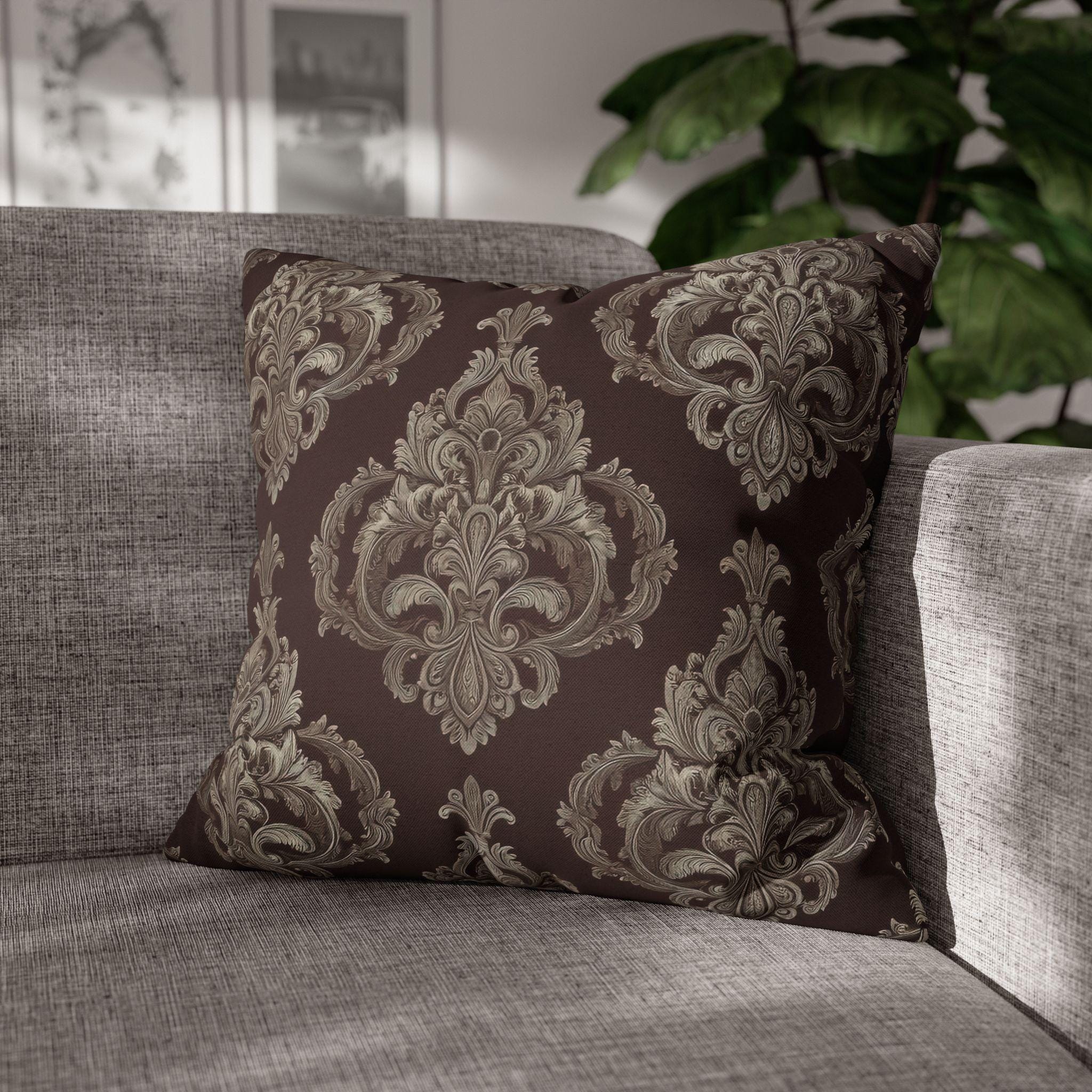 Elegant Damask Square Pillowcase: Taupe & Gray Motifs on Chocolate Brown, Sophisticated Home Decor