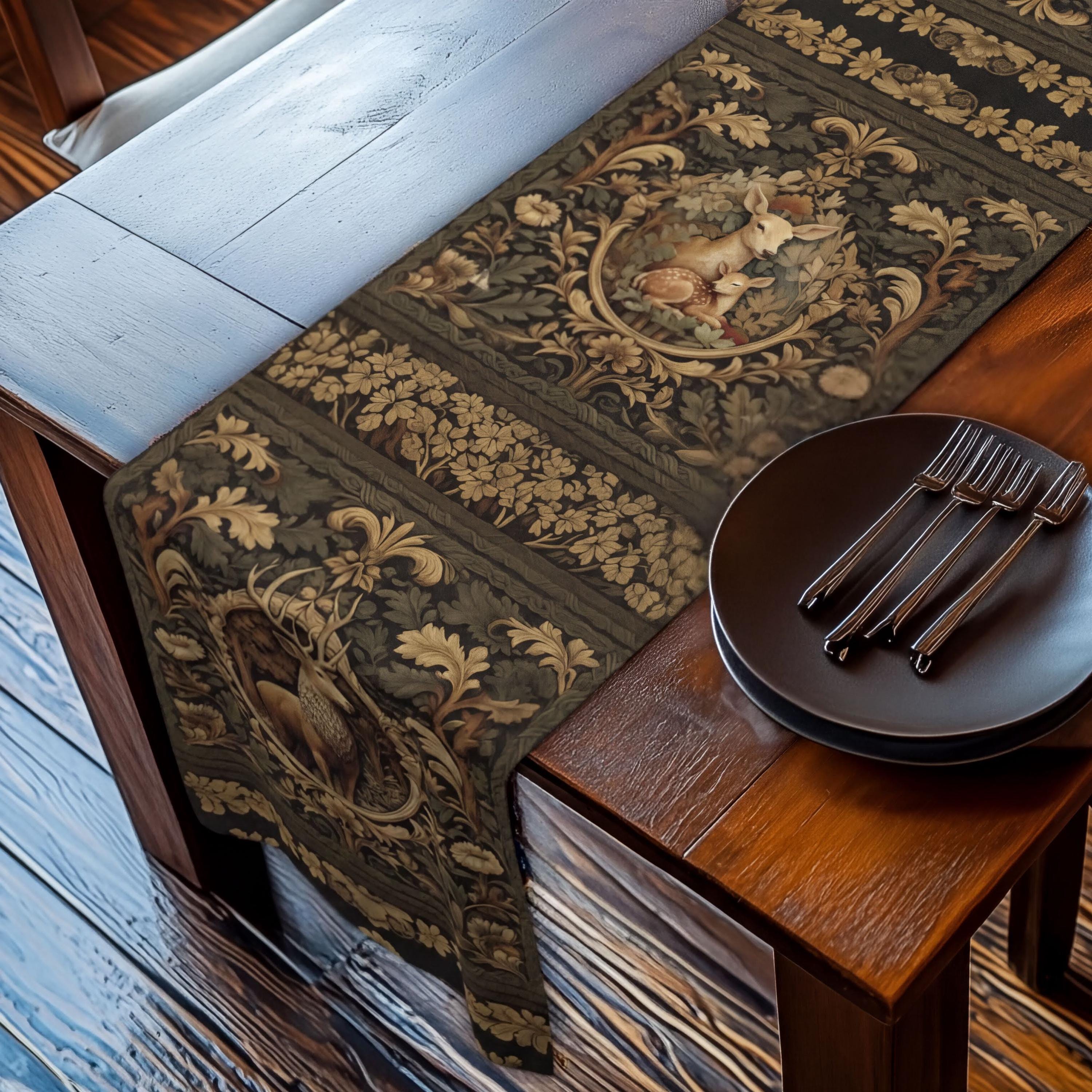 William Morris Inspired Noble Stag Table Runner: with Doe and Fawn Woodland Design