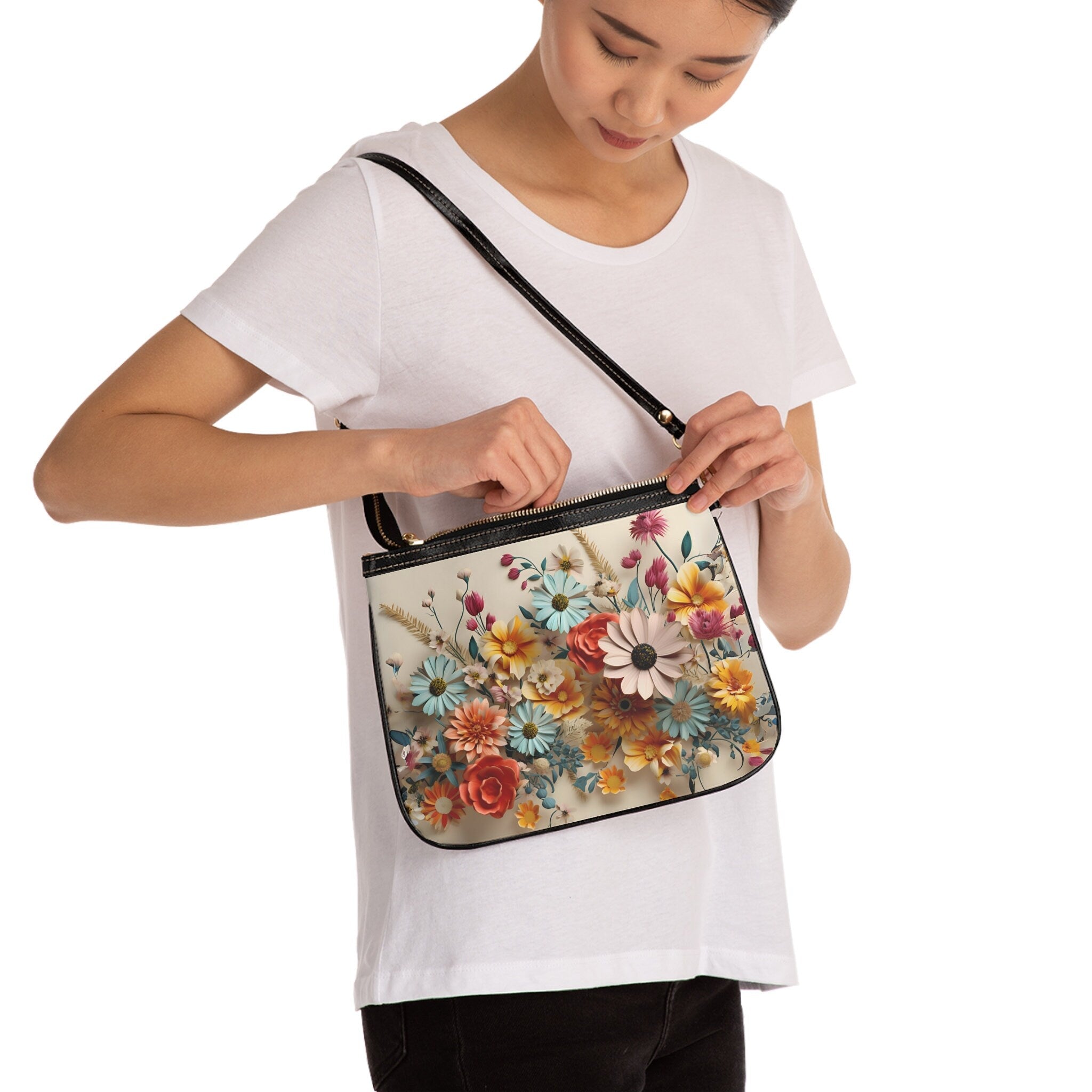 Floral Meadow Faux Leather Shoulder Bag: Vibrant Multi-Color Design