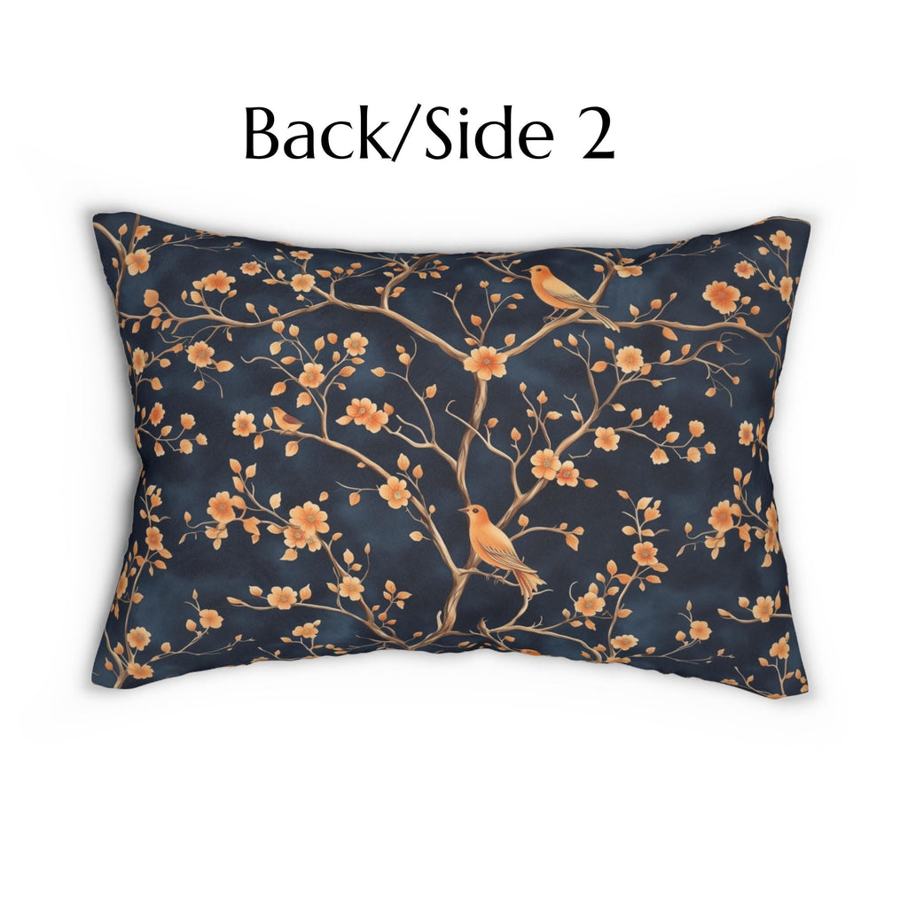 Chinoiserie Bird Blossom Lumbar Pillow: Peach & Chestnut on Navy Blue