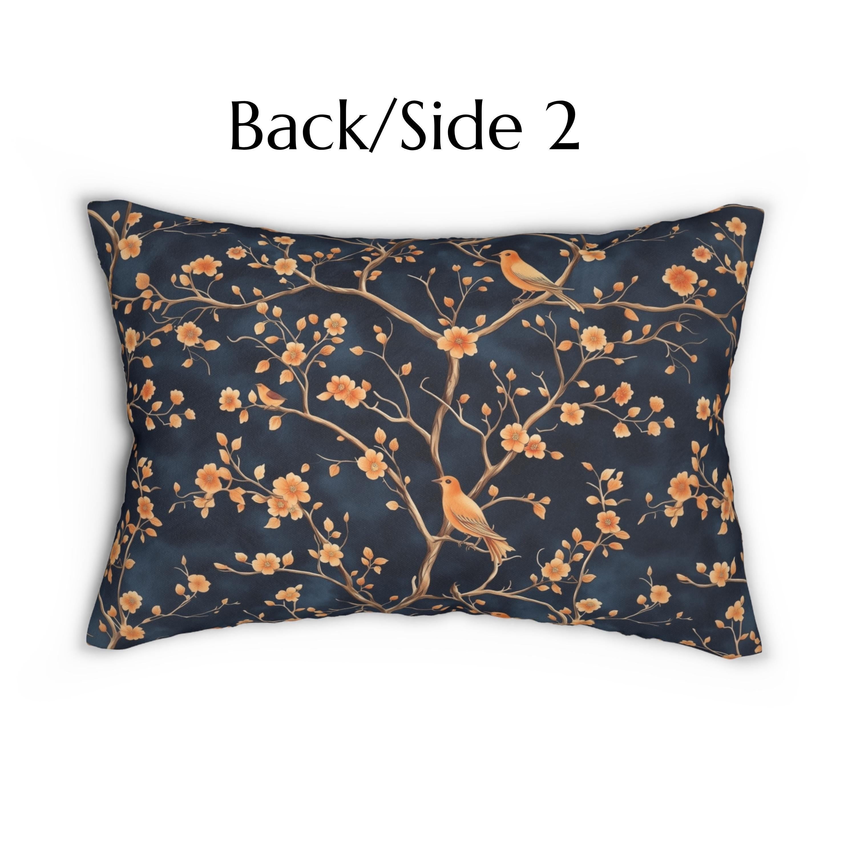 Chinoiserie Bird Blossom Lumbar Pillow: Peach & Chestnut on Navy Blue