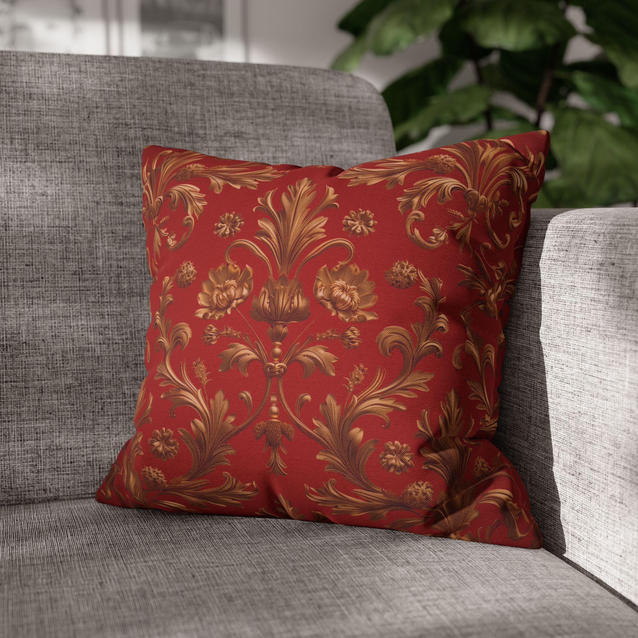 Baroque Floral Christmas Pillowcase: Rich Red, Antique Gold Spun Polyester Square Throw Pillow Cover