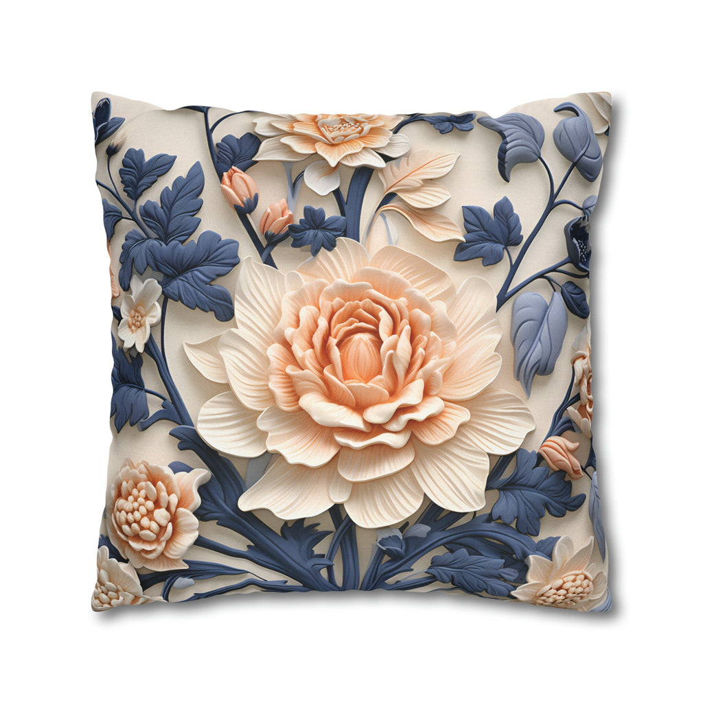 Chinoiserie Floral Pillow Cover: Peach Flower, Dark Blue Botanicals